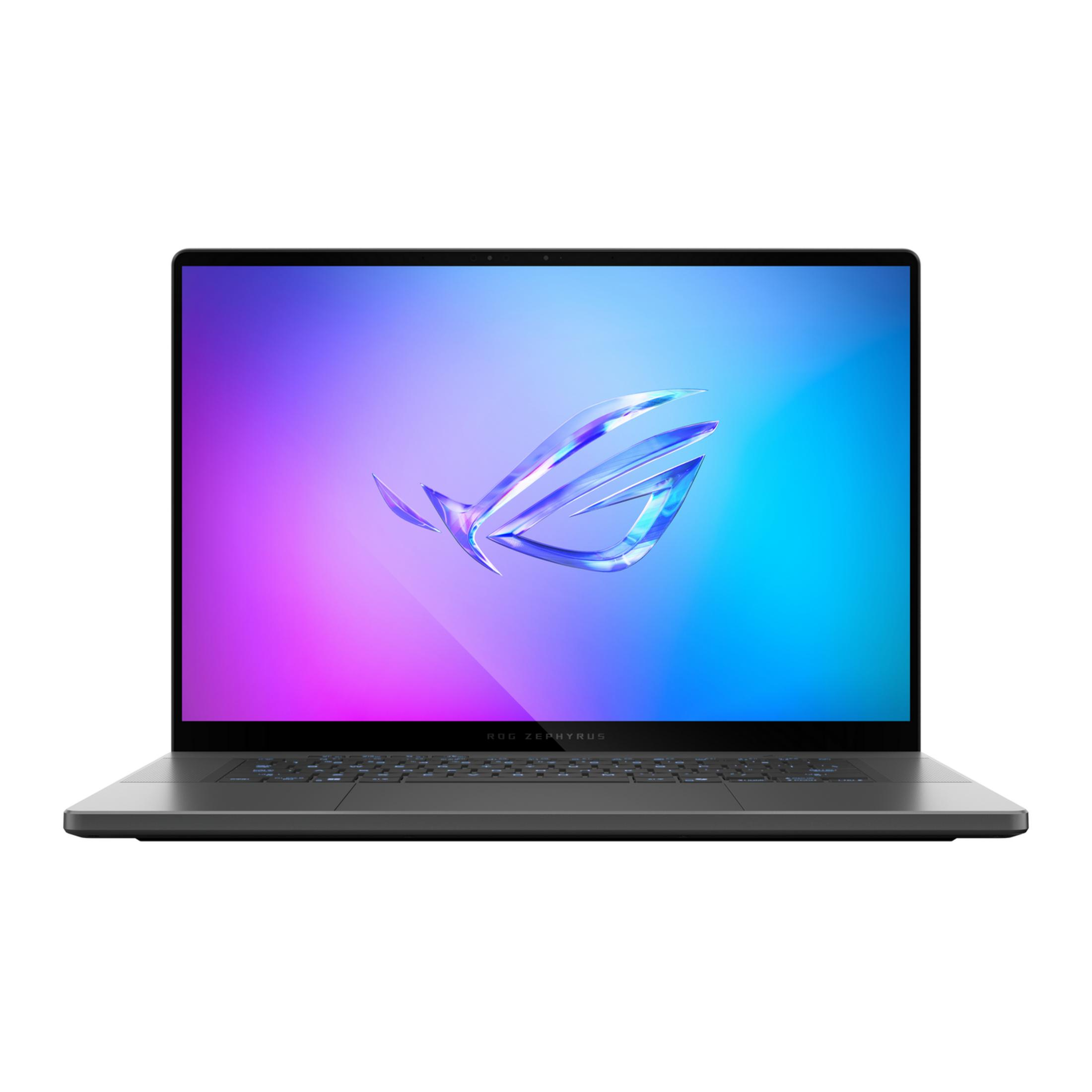 Un portátil abierto que muestra un logo estilizado en su pantalla y teclado.