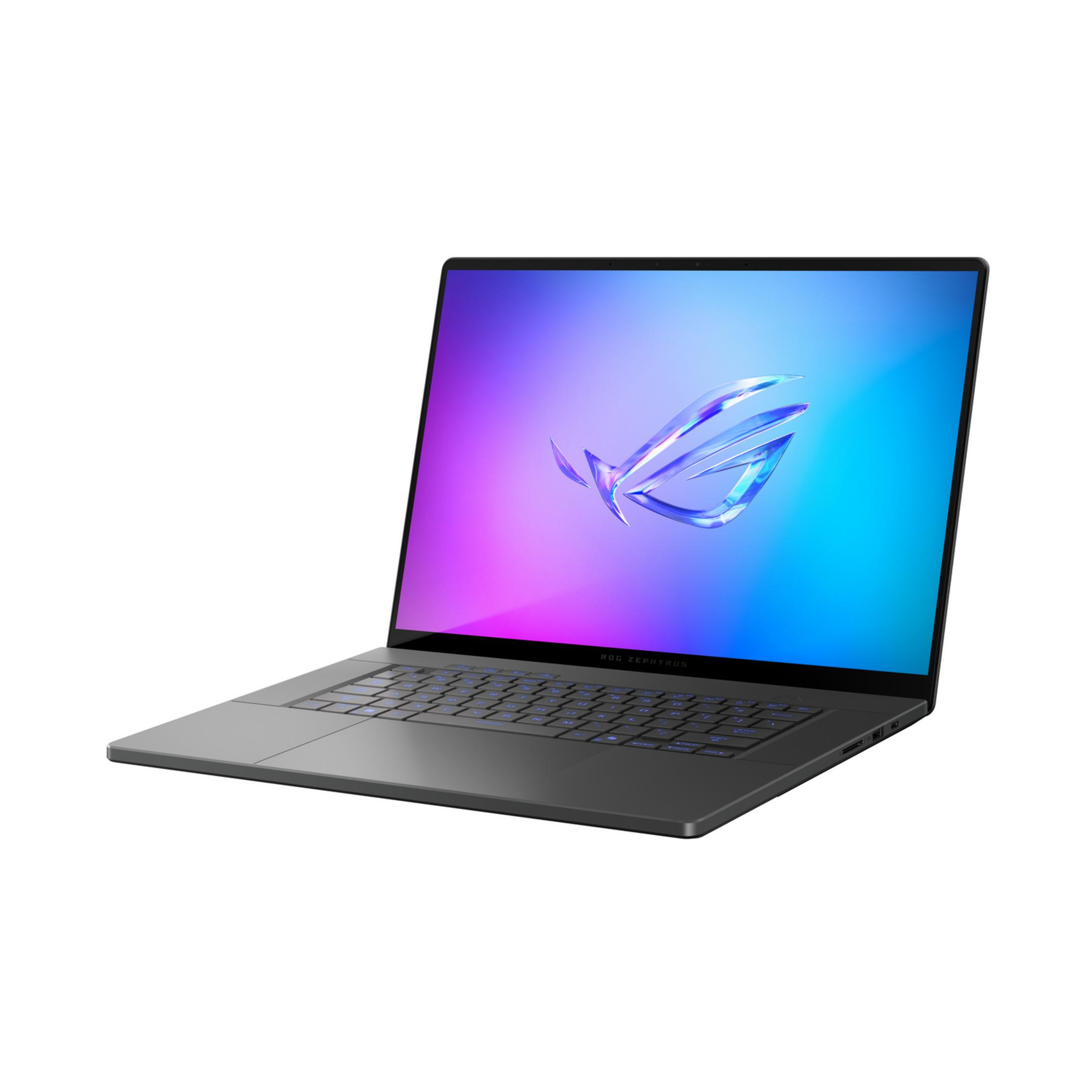 Un portátil cerrado con teclado retroiluminado azul y un logo en la pantalla.