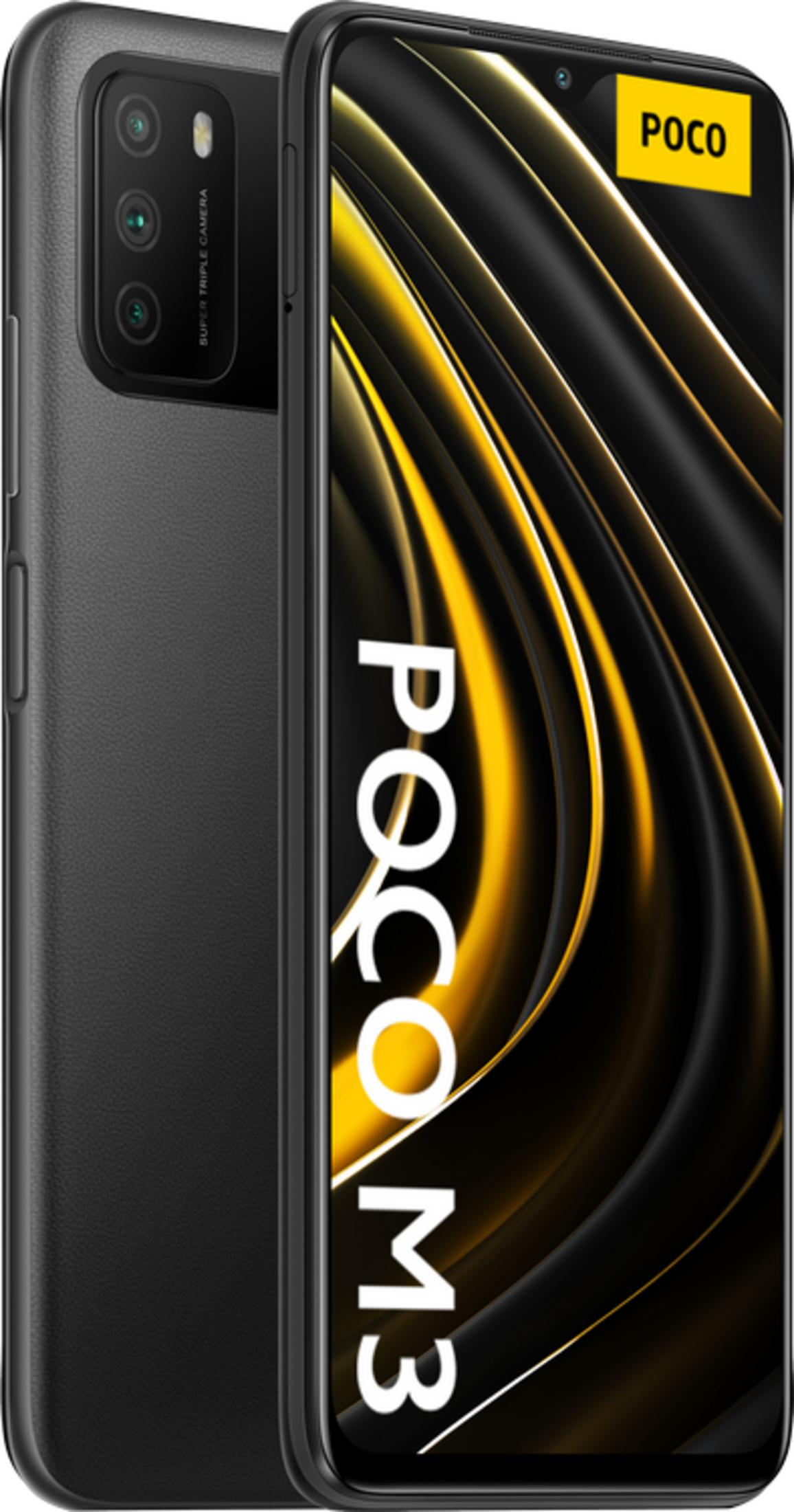 Schwarzes Smartphone mit Dreifachkamera und POCO M3 Logo auf dem Bildschirm.