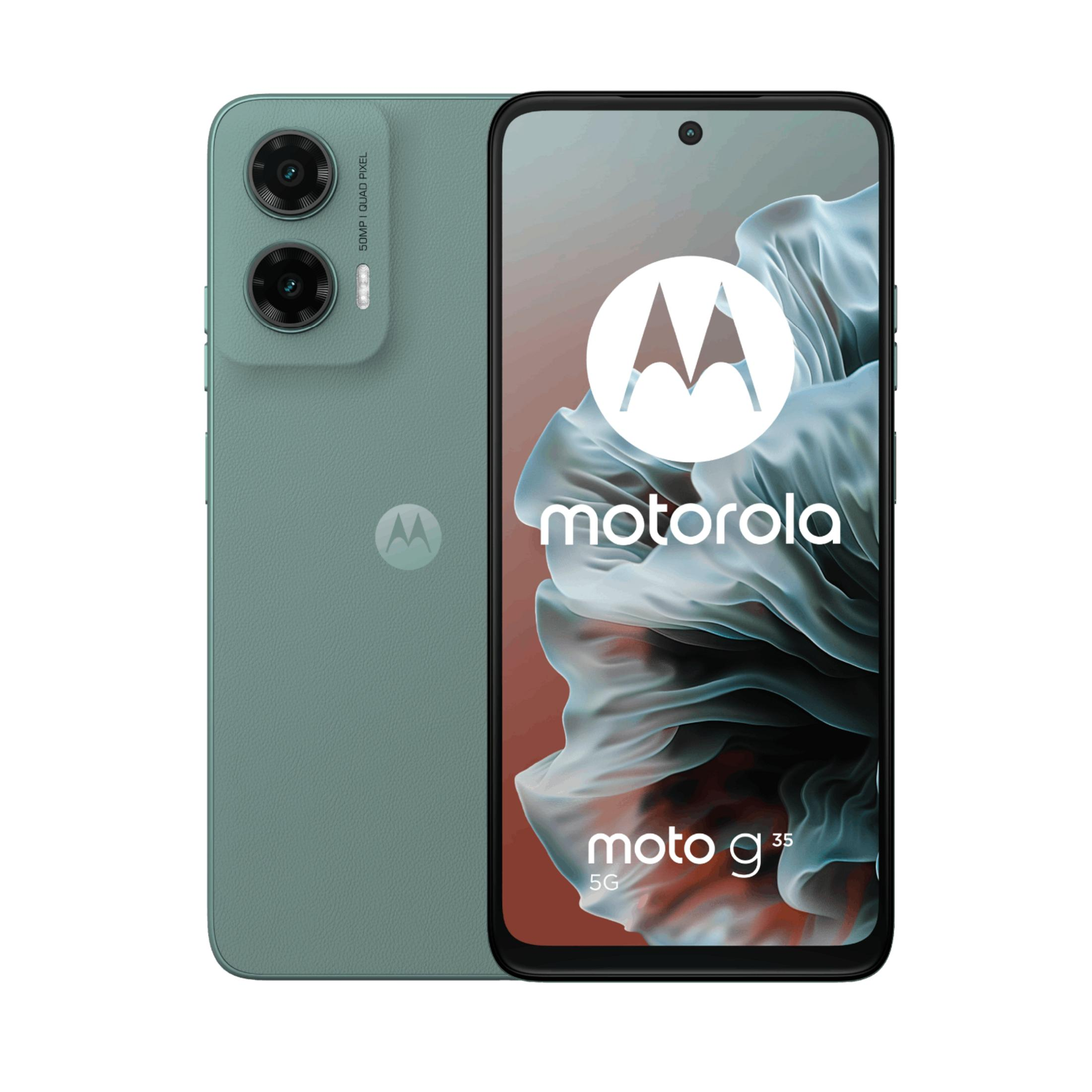 Uno smartphone Motorola Moto G 35 5G verde menta mostrato sia frontalmente che posteriormente.