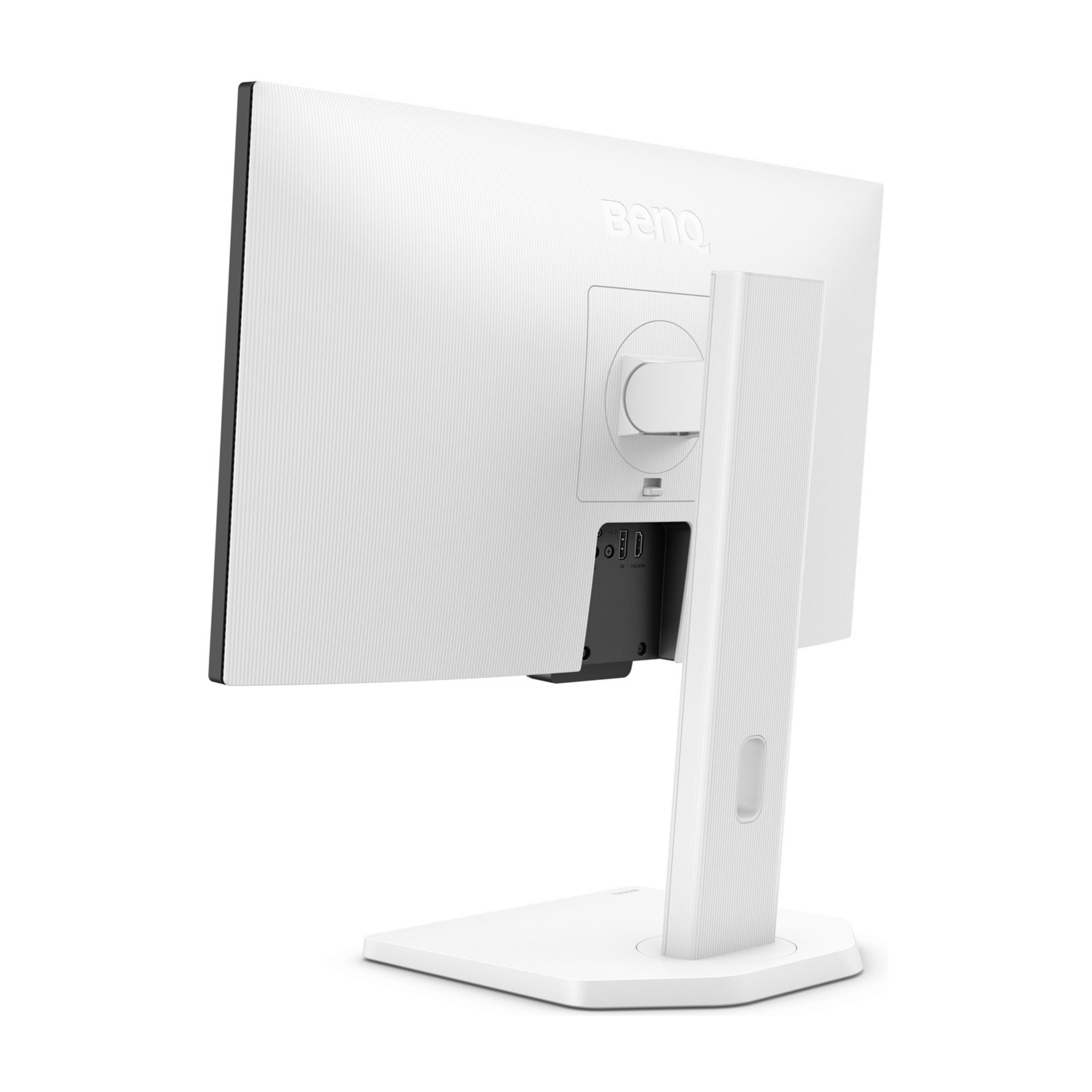 La parte trasera de un monitor BenQ blanco, mostrando puertos y soporte.
