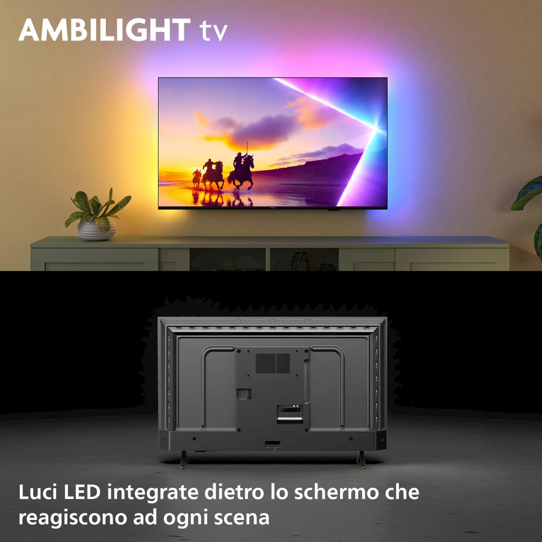 Une TV avec éclairage Ambilight montre quatre cavaliers sur des chevaux. L'arrière de la TV est également visible.