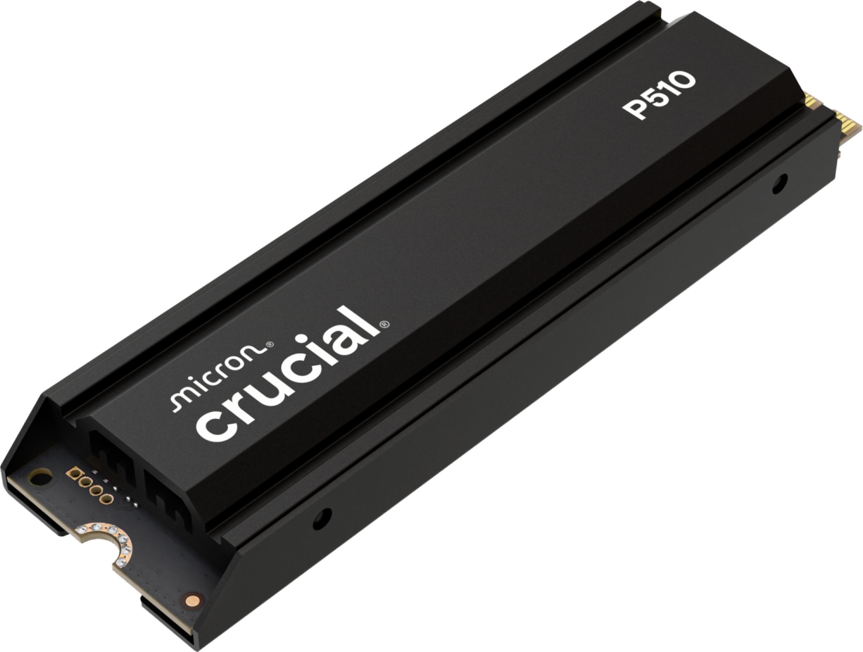 SSD Crucial P510 nera con dissipatore, mostra logo e testo Micron.