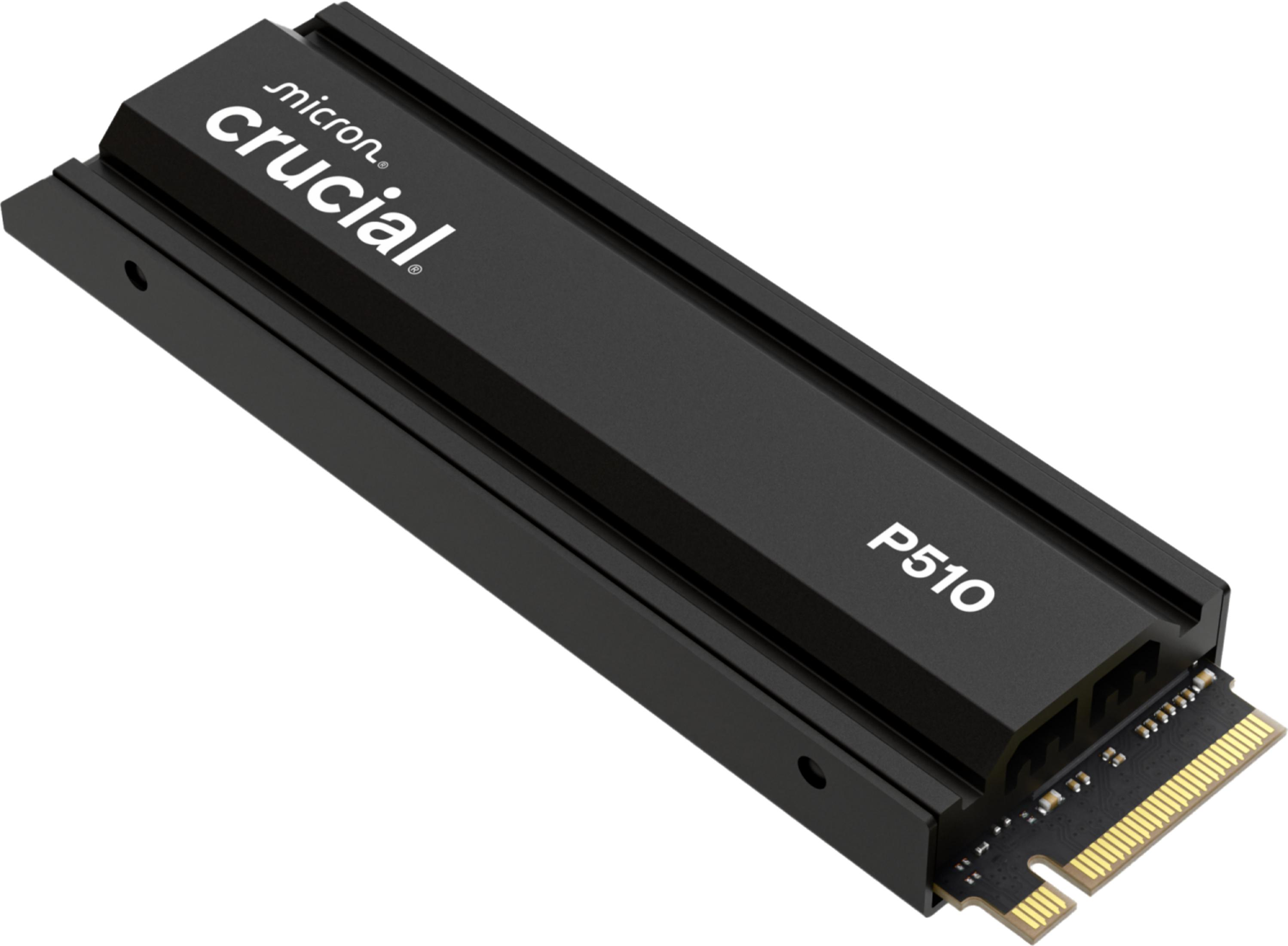 SSD M.2 nero con dissipatore, etichettato Crucial P510.