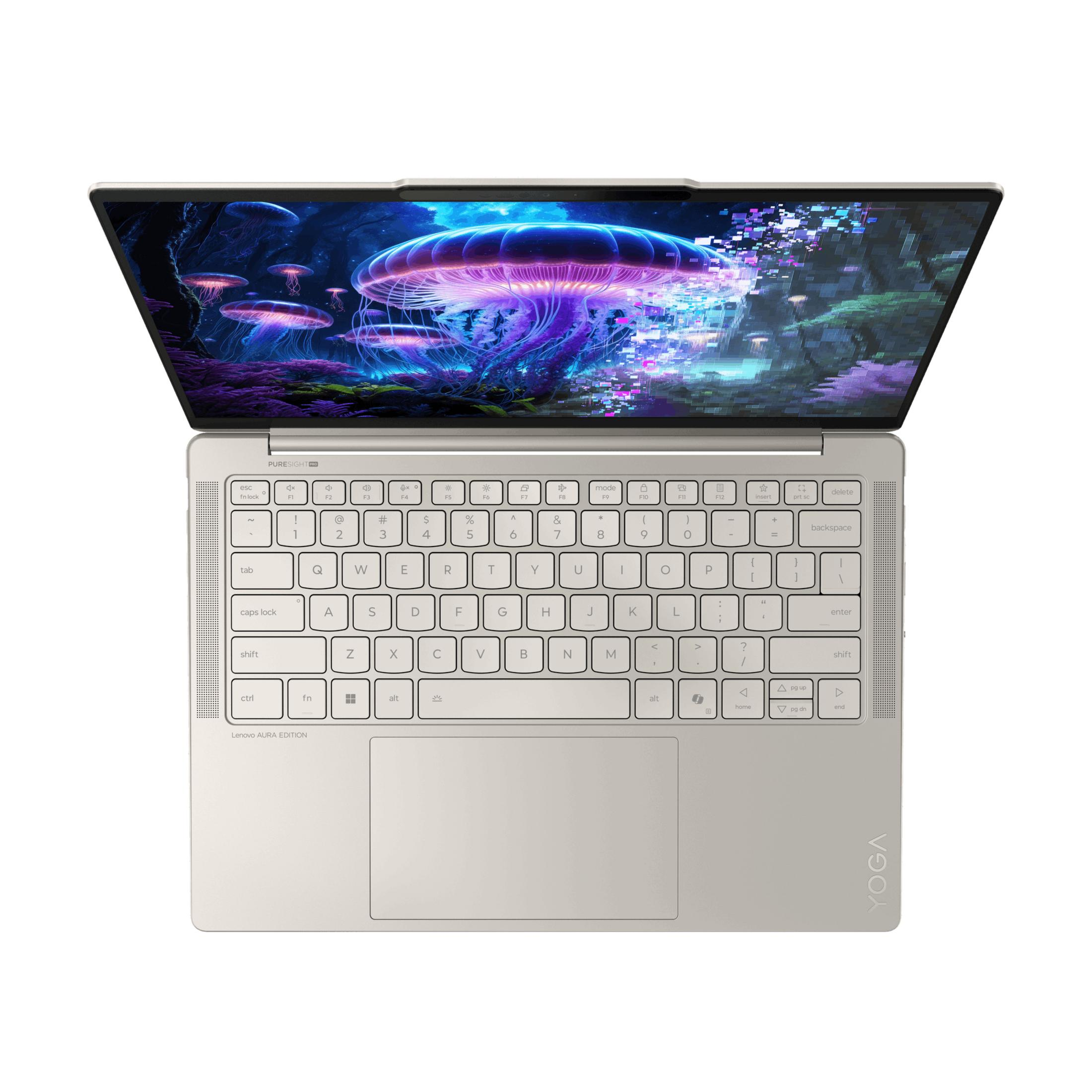 Open laptop met gloeiende kwallen op donkere, onderwaterachtergrond.