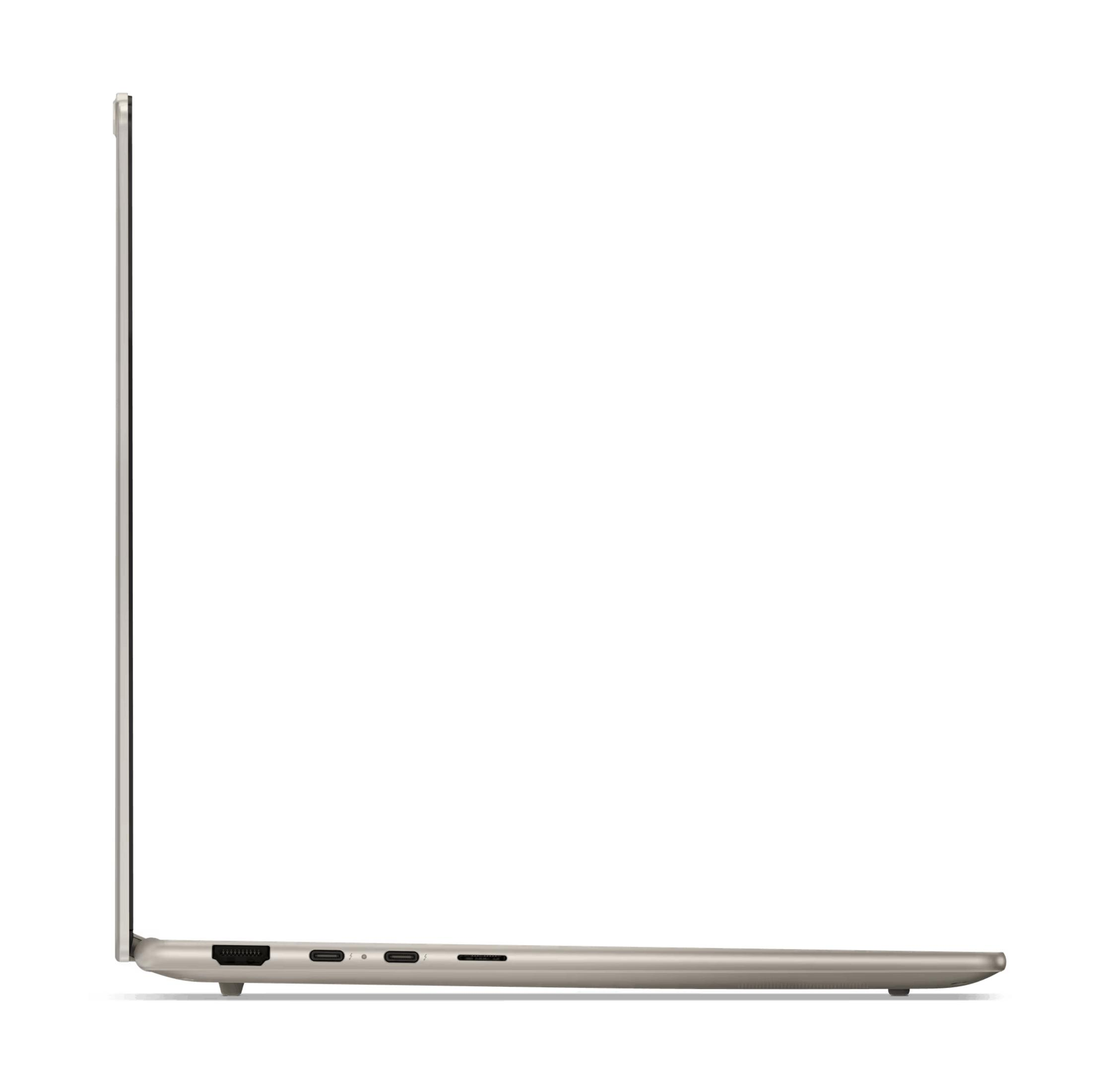 Zijaanzicht van een gesloten, lichtbruine laptop met poorten aan de zijkant.