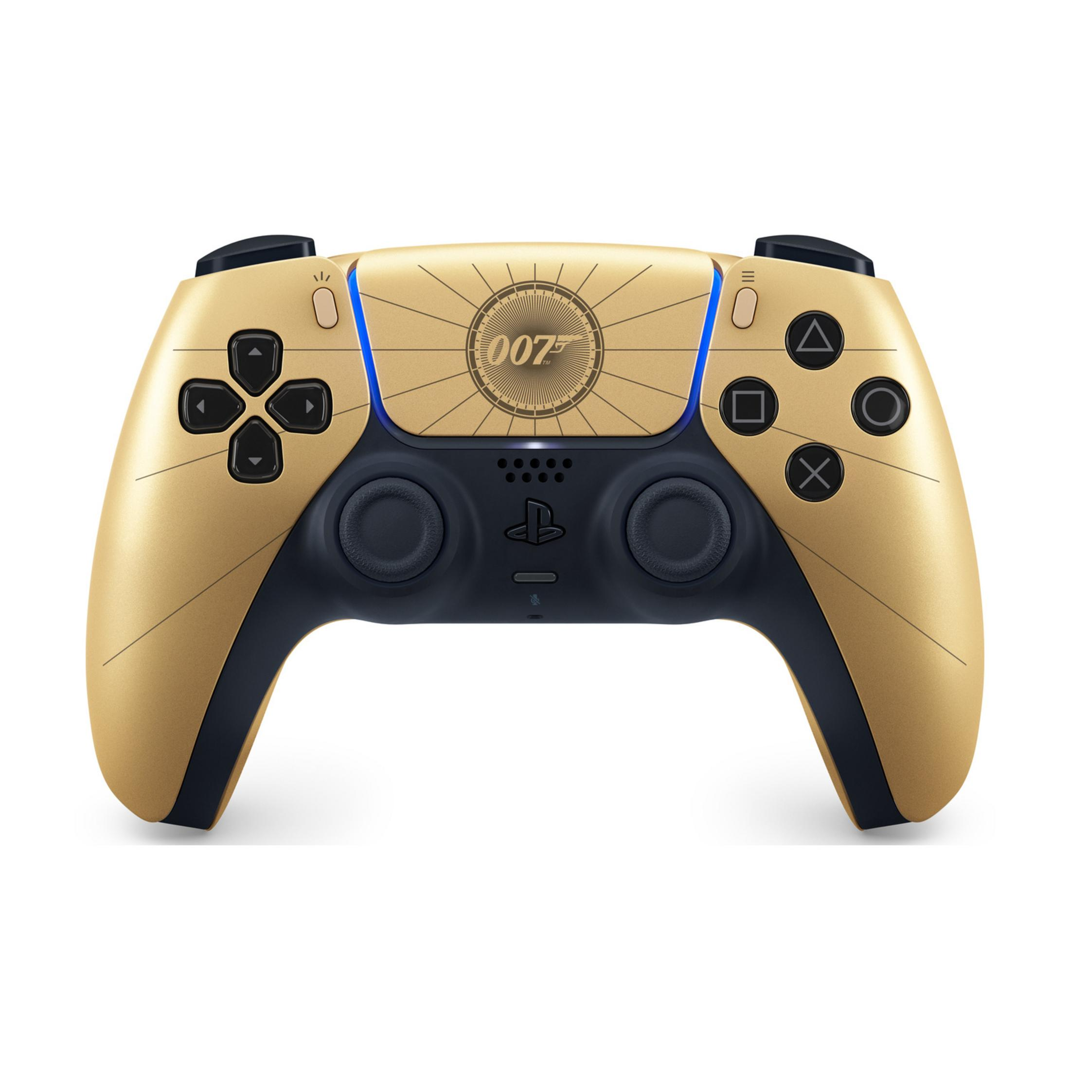 Controller dorato con logo 007 e pulsanti neri su sfondo bianco.