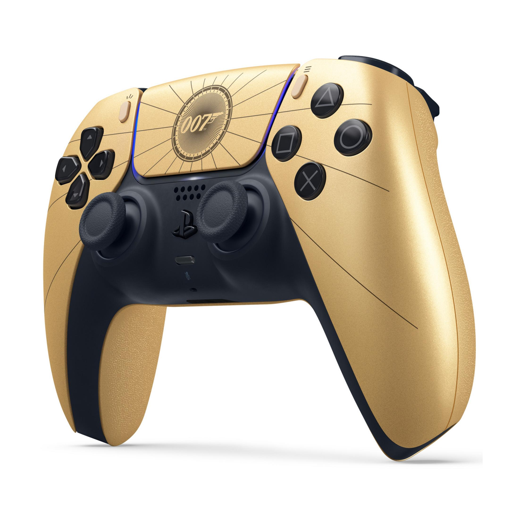Controller PS5 dorato con logo 007 e pulsanti neri.