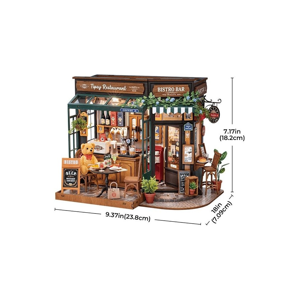 Miniatur-Restaurant und Bar mit Teddybär, Bier-Schild und Möbeln.