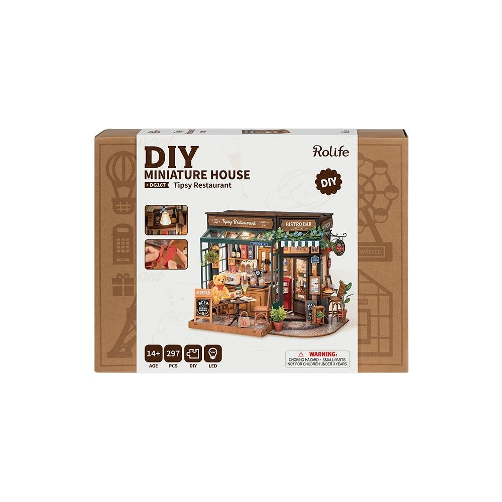 Verpackung für Rolife DIY Miniaturhaus-Bausatz, Modell Tipsy Restaurant DG167. Zeigt Modell.