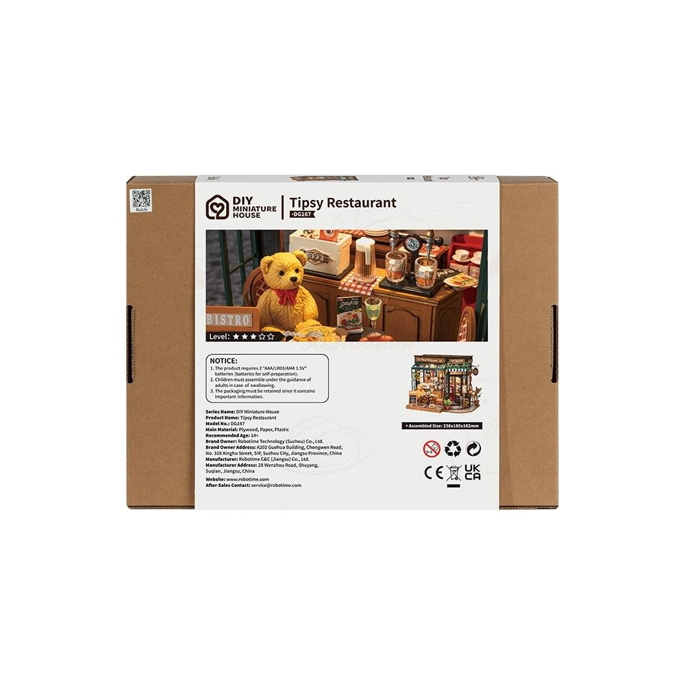 Verpackung eines DIY Miniatur-Restaurant-Bausatzes mit Teddybär und Bistro-Schild.