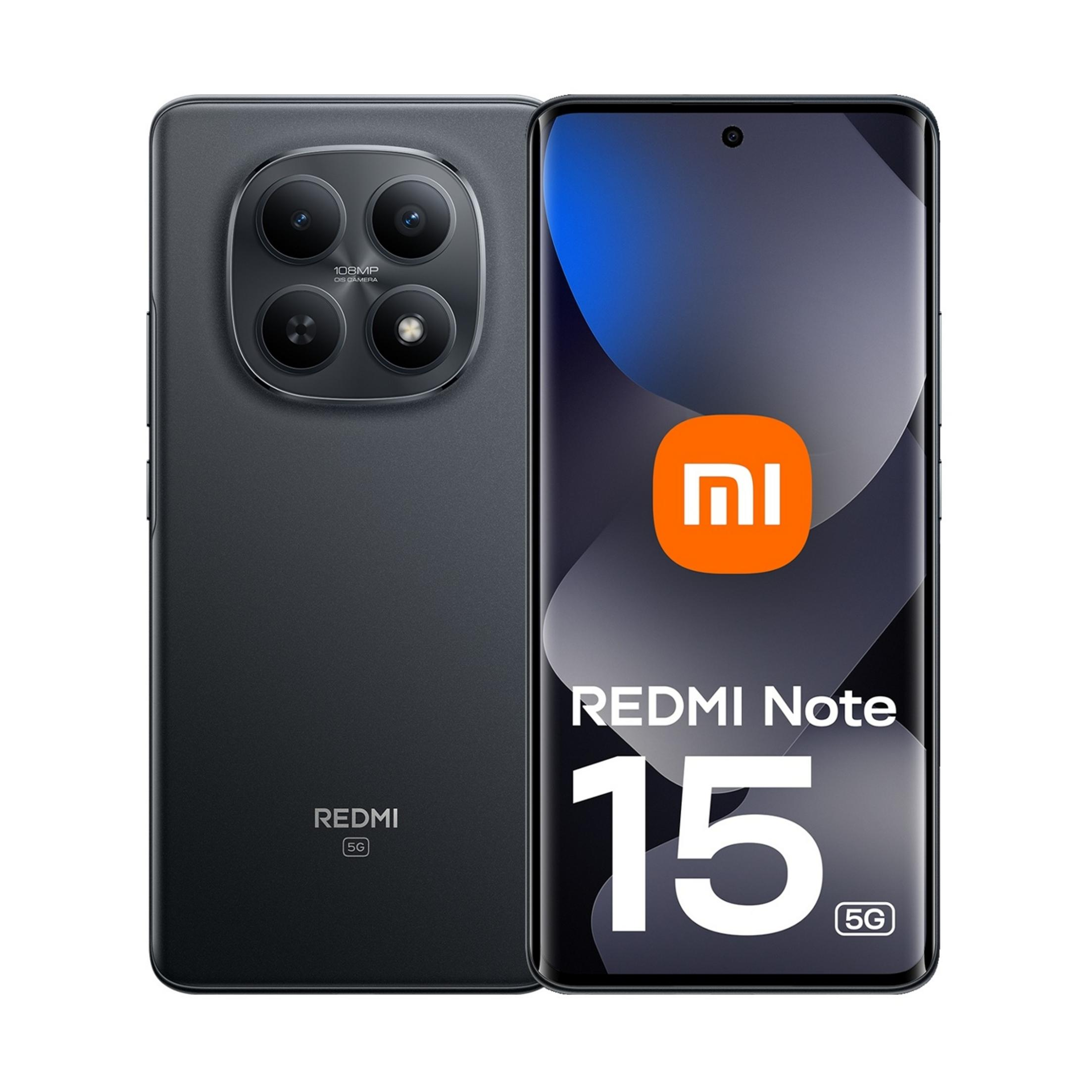 Uno smartphone Xiaomi Redmi Note 15 5G nero con configurazione a quattro fotocamere.