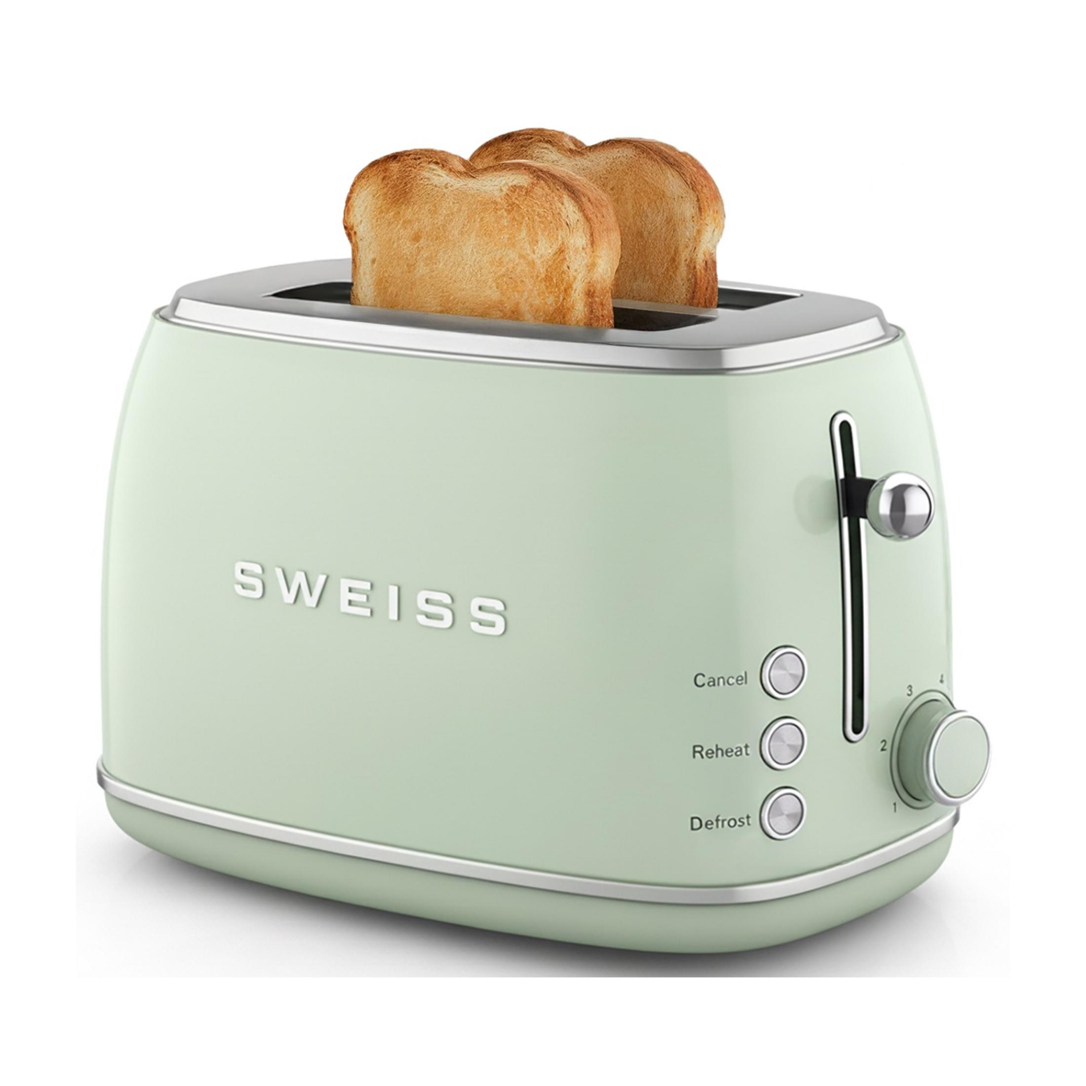 Ein hellgrüner Toaster mit zwei goldenen Toastscheiben, die herausragen.