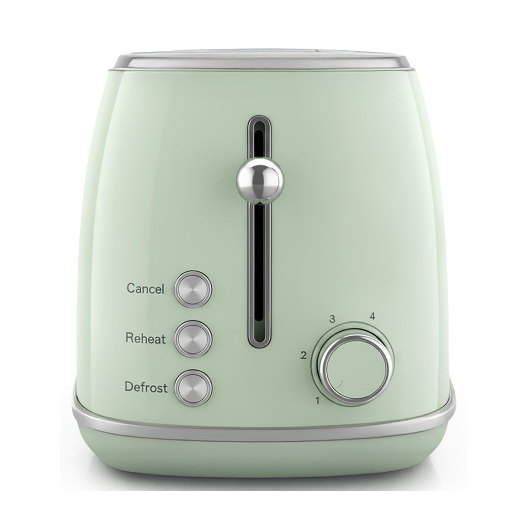 Ein pastellgrüner Toaster mit silbernen Bedienelementen und einem Drehregler.