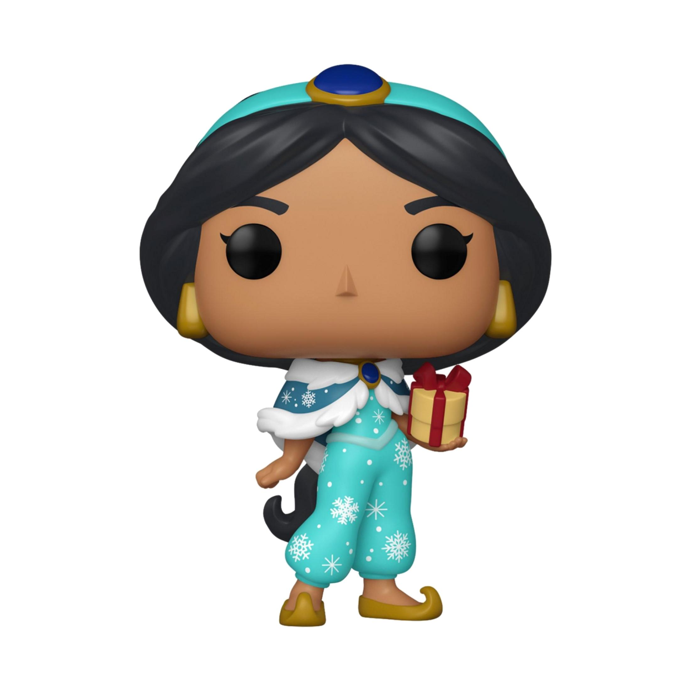 Muñeca Jasmine con regalo. Lleva un traje azul con copos de nieve.