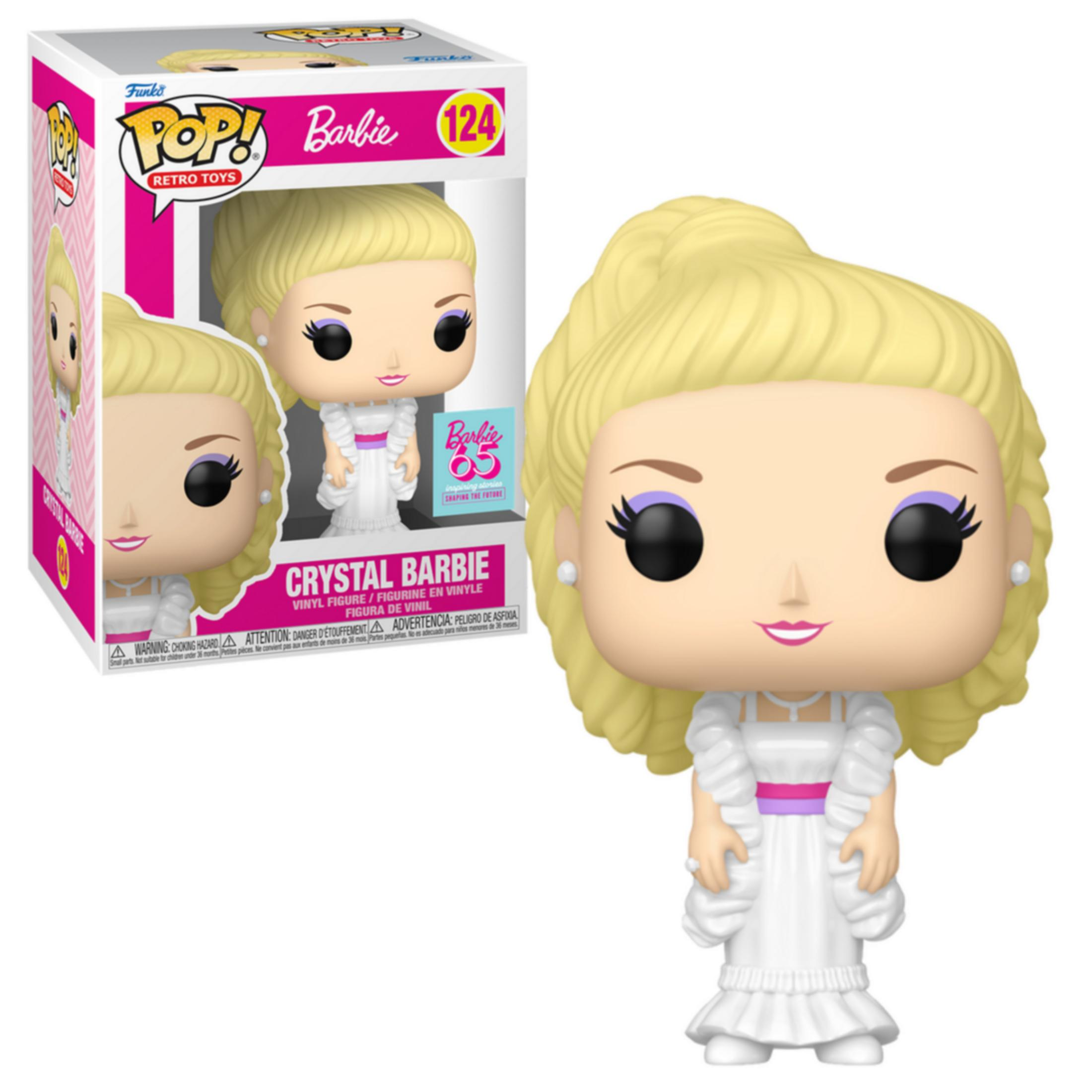 Action figure in vinile Funko POP! Crystal Barbie in abito bianco con cintura viola.