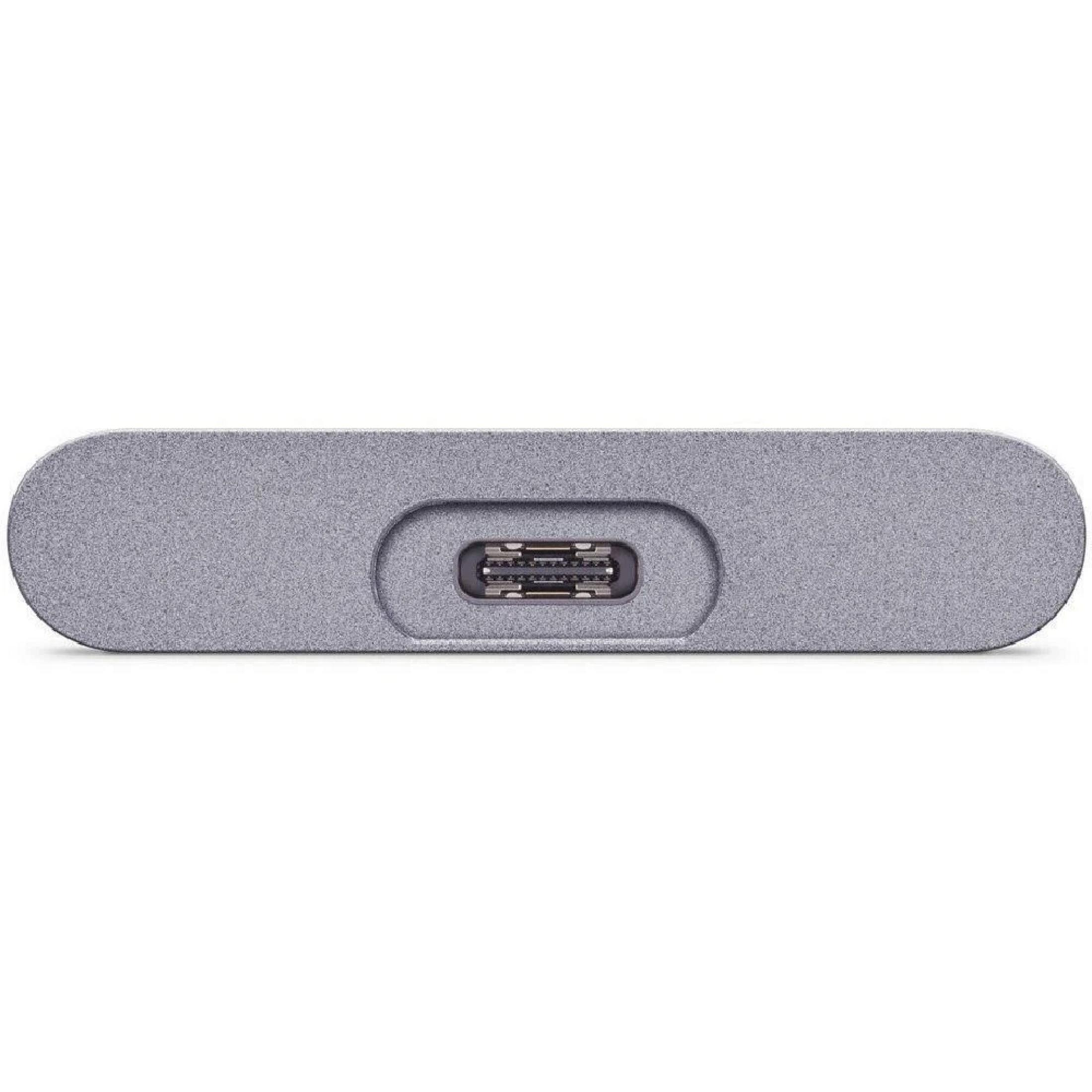 Adattatore USB-C grigio con porta al centro.