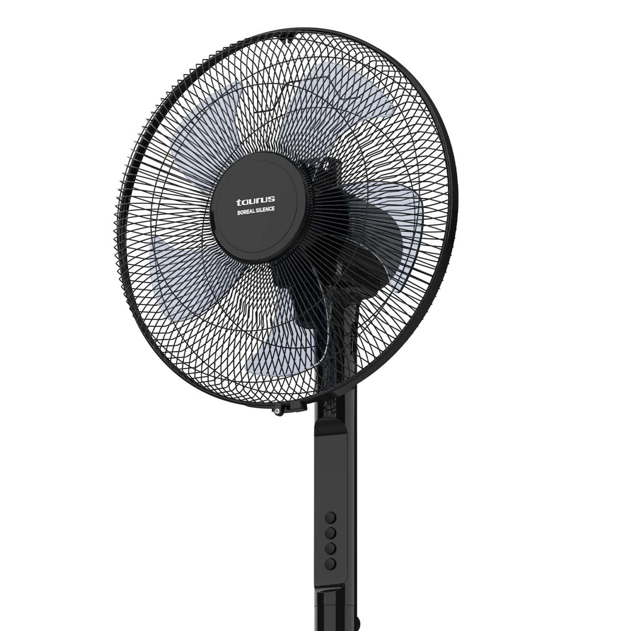 Un ventilatore da terra nero con pale blu-verdi e logo Taurus.