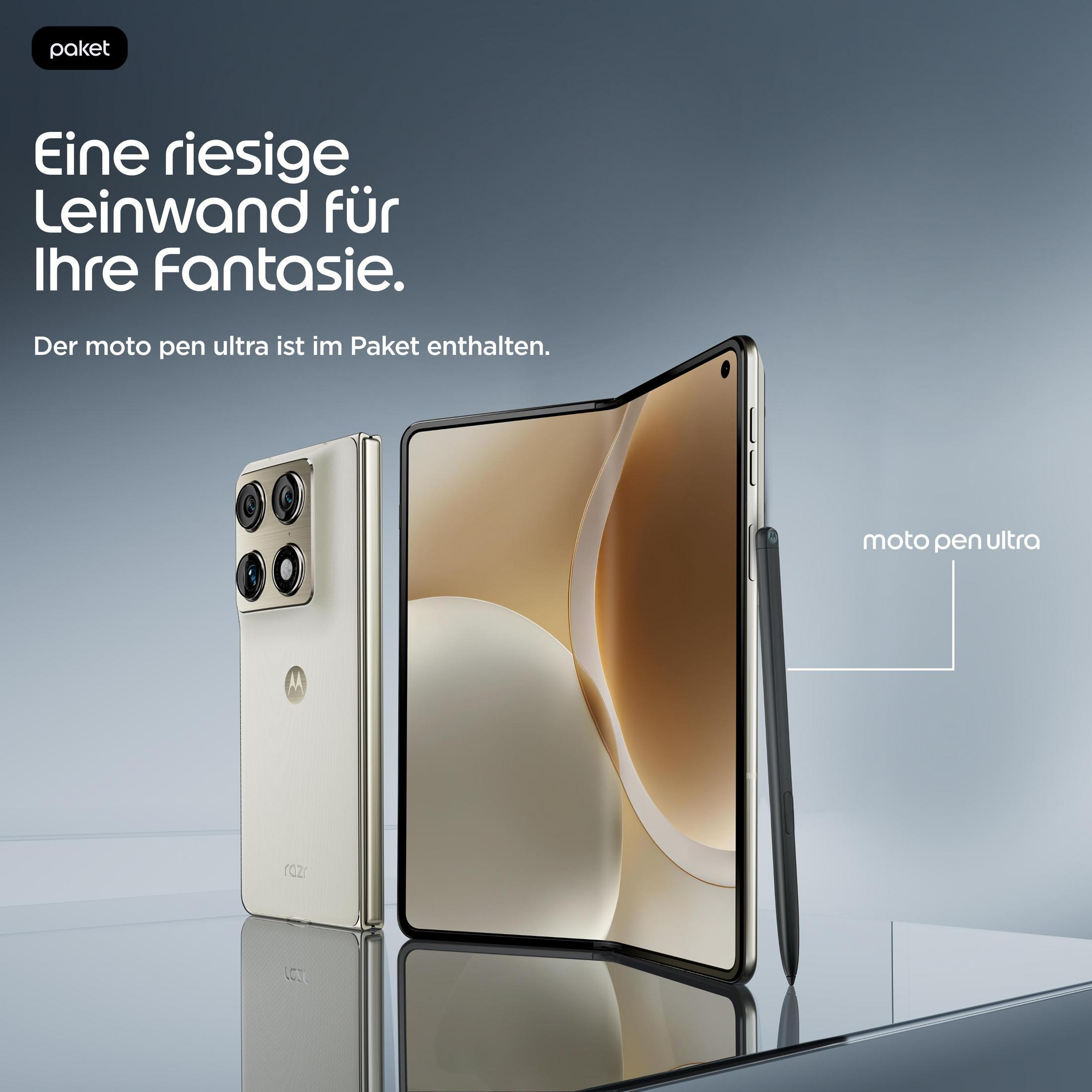Ein faltbares Smartphone mit Stift. Es ist in einer Packung enthalten.