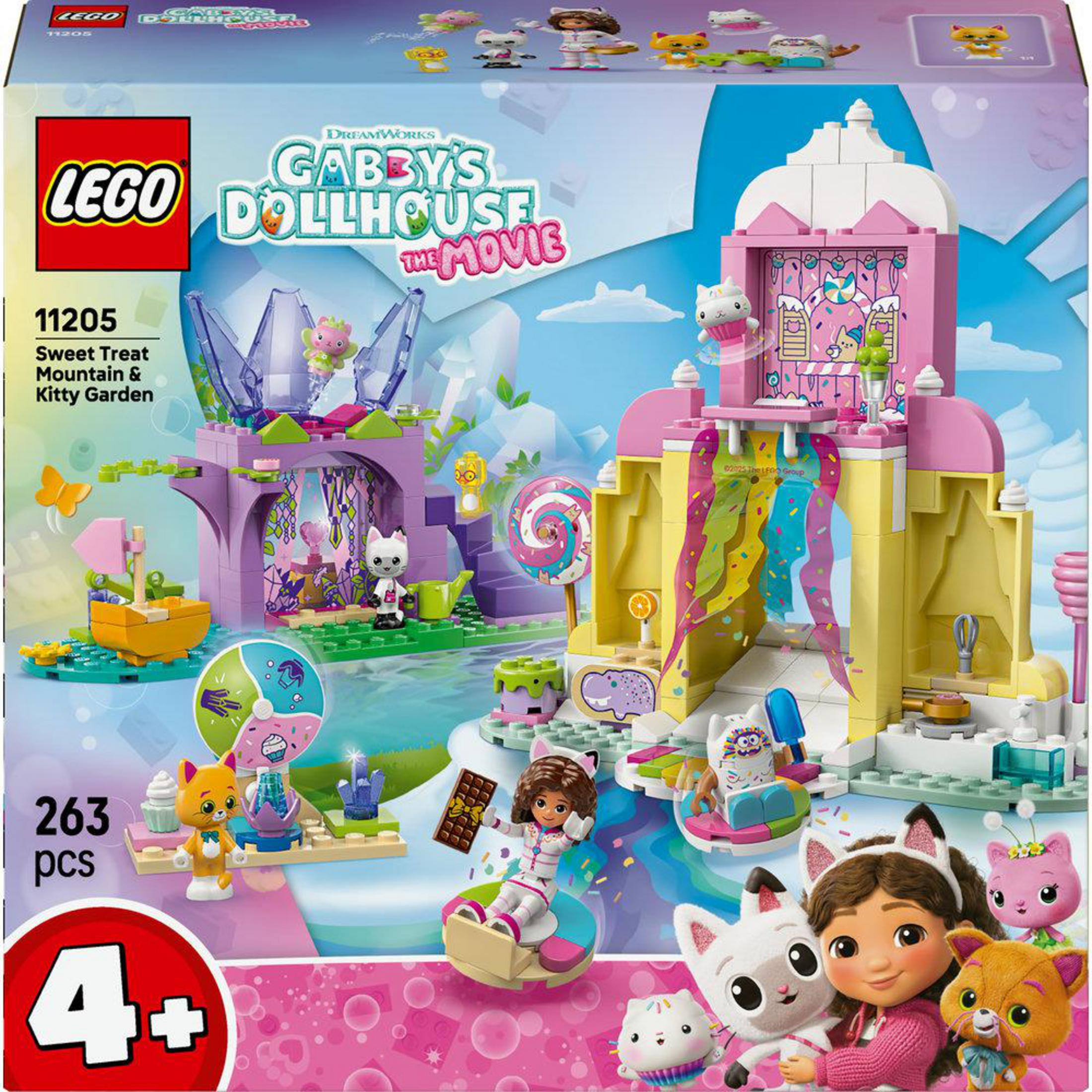 Lego set: Gabby'nin Oyuncak Evi, Tatlı Dağ ve Kedi Bahçesi. Renkli, eğlenceli, figürlü.