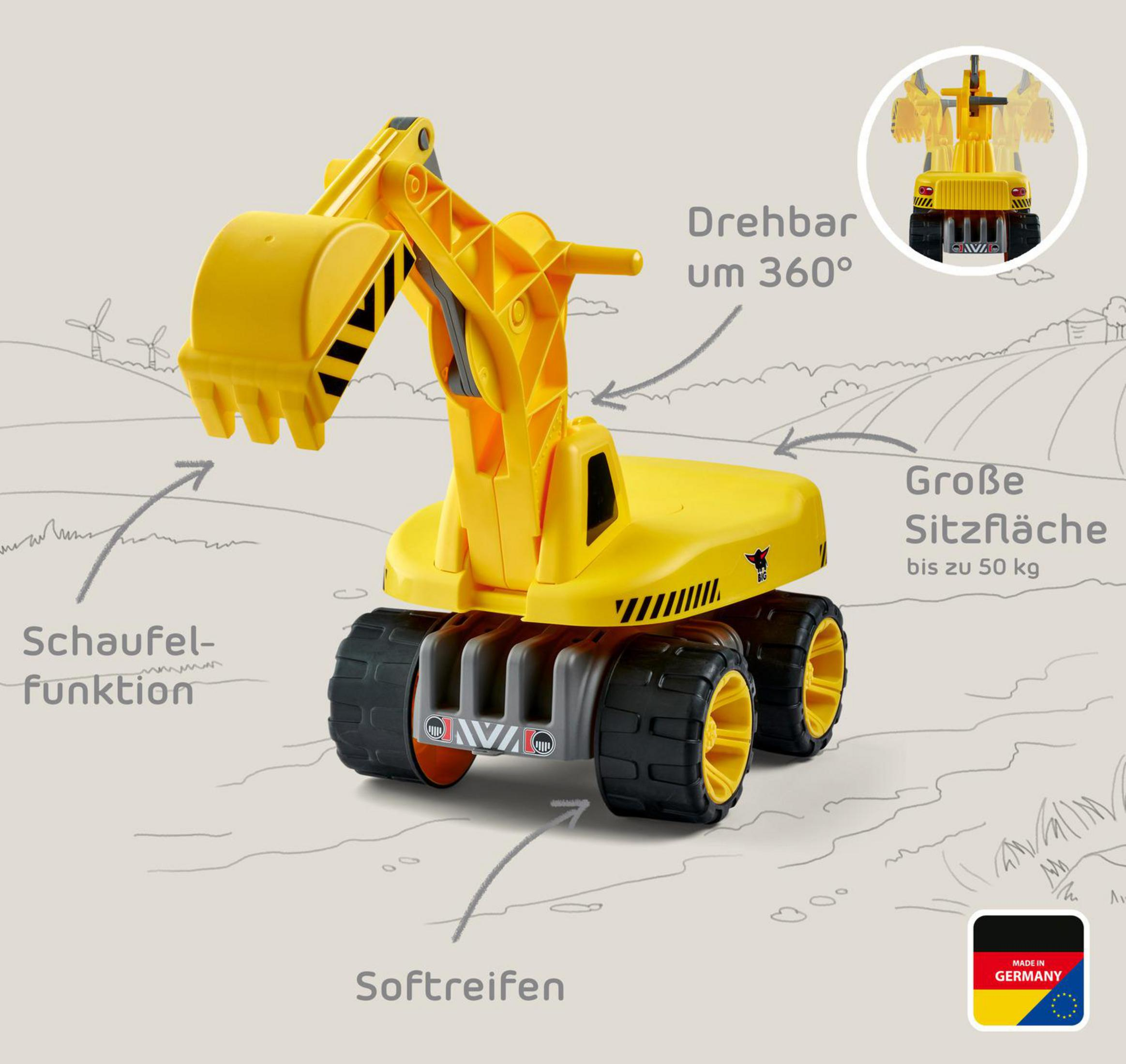 Gelber Spielzeug-Bagger mit Schaufel, drehbar um 360°, großer Sitzfläche.