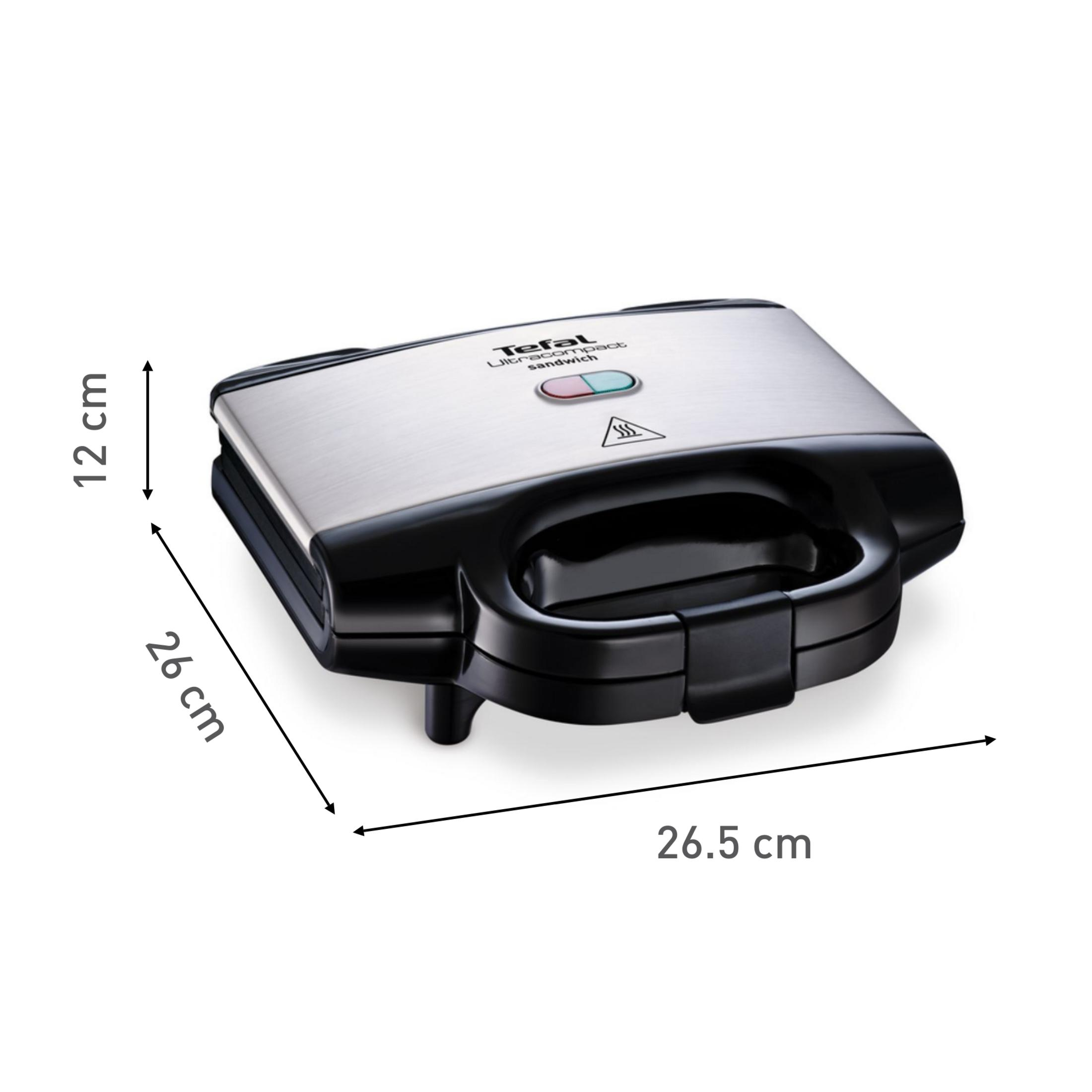 Tostapane per sandwich in acciaio inox con manico nero e dimensioni.