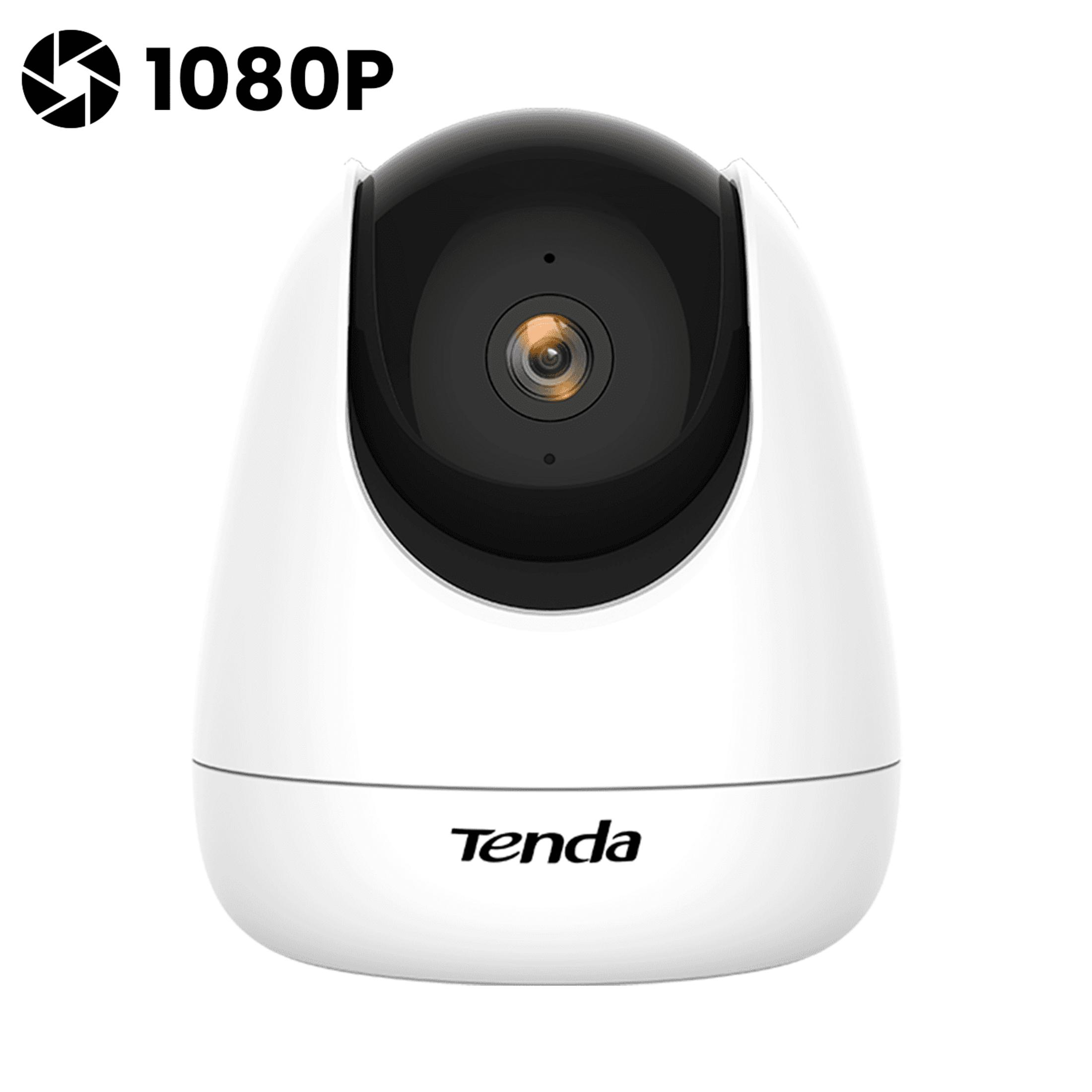 Una cámara de seguridad Tenda blanca con resolución 1080p y cabeza negra.