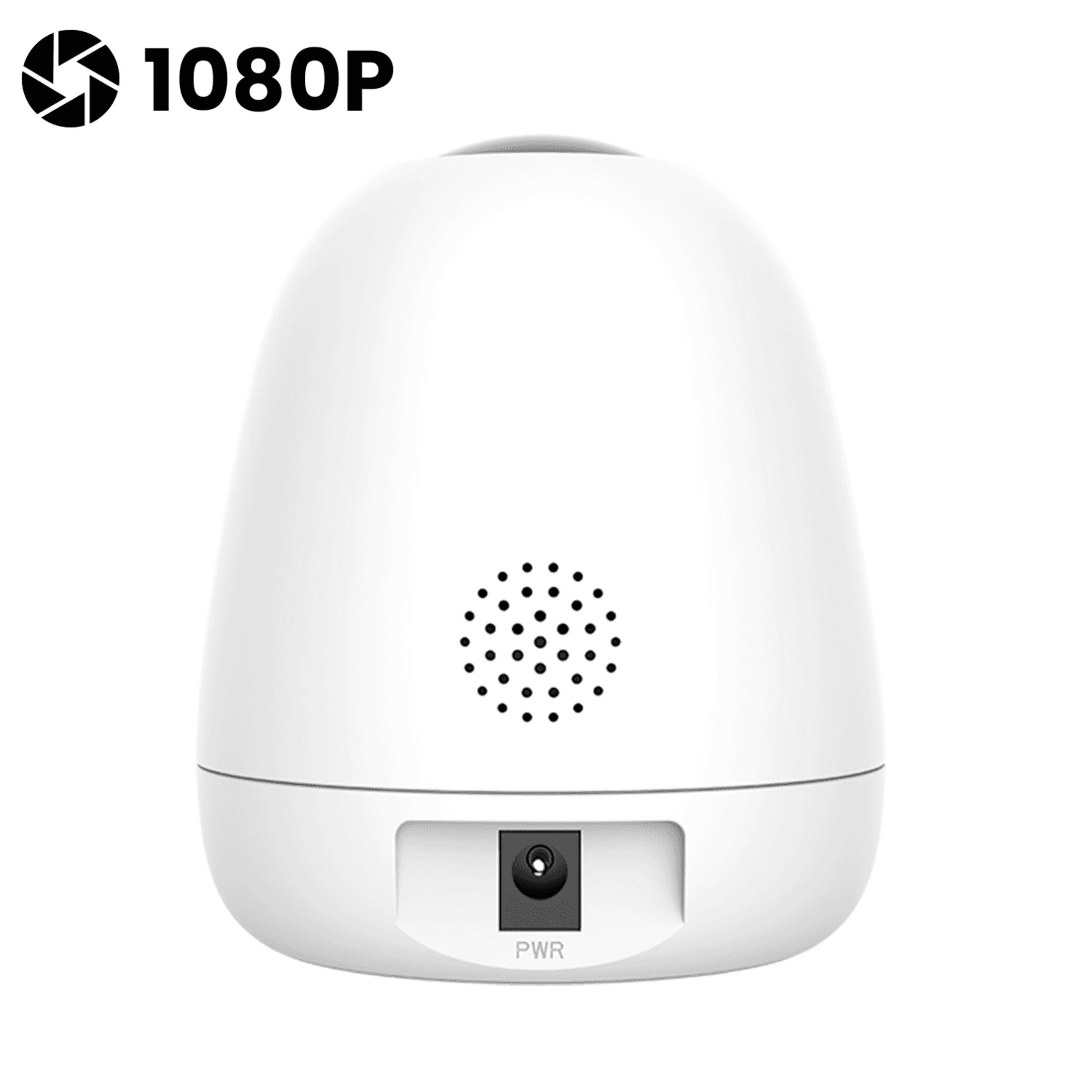 Cámara blanca 1080p con rejilla de altavoz y puerto de alimentación.