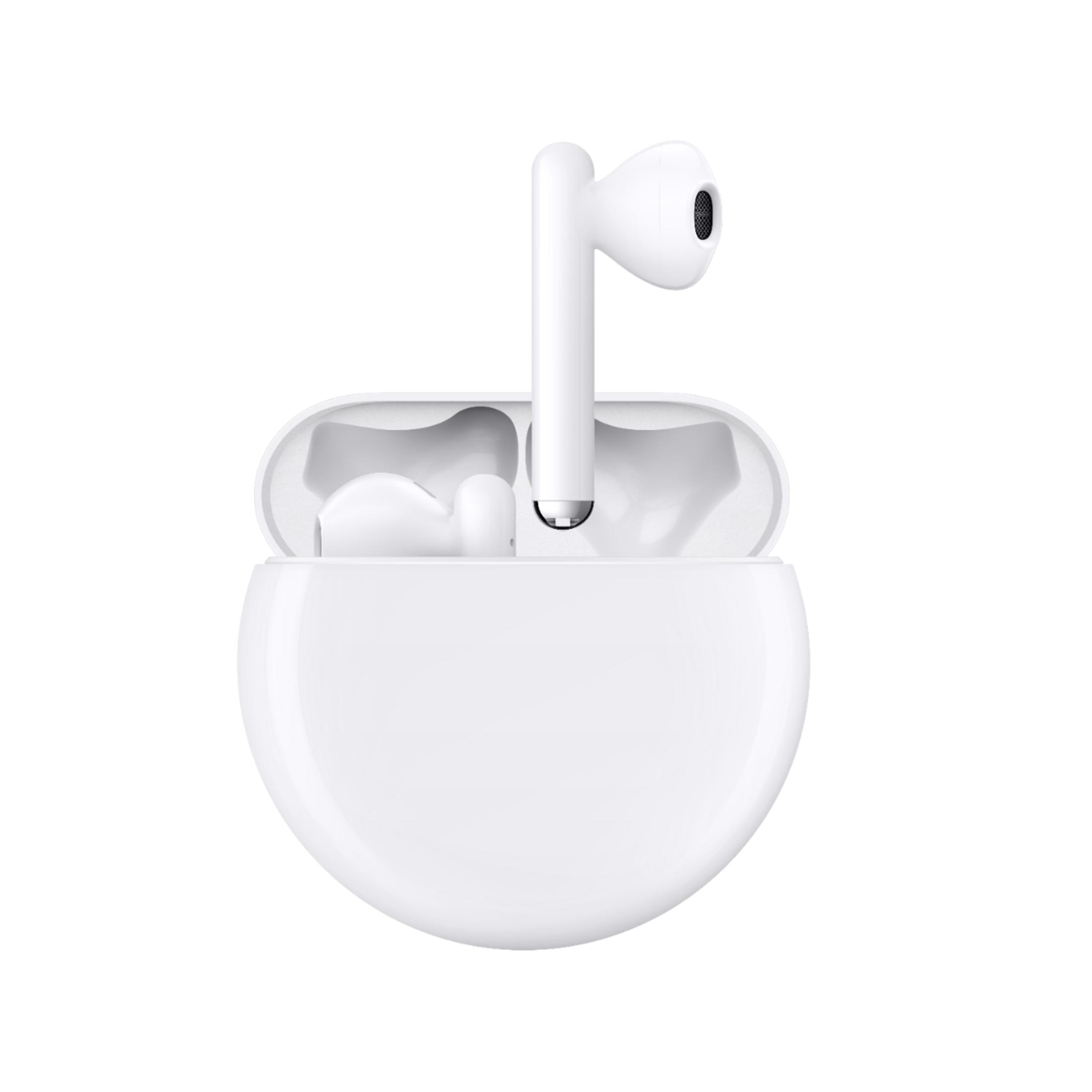 Auricolari wireless bianchi dentro una custodia di ricarica bianca aperta.