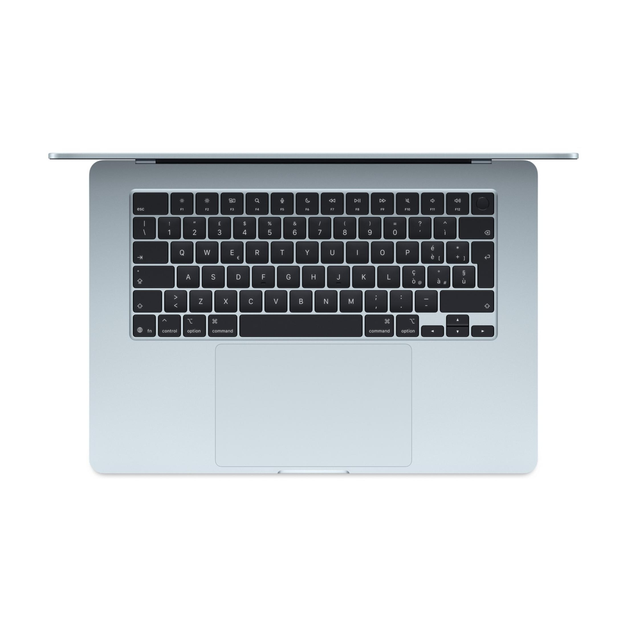 Tastiera per laptop azzurra con tasti neri su sfondo bianco.
