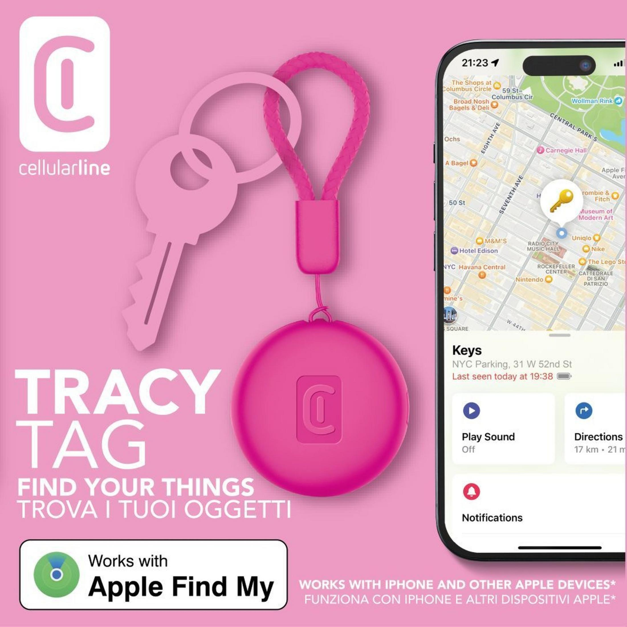 Rosa Cellularline Tracy Tag mit Schlüsselfinder auf einer Karte, die den Standort anzeigt.
