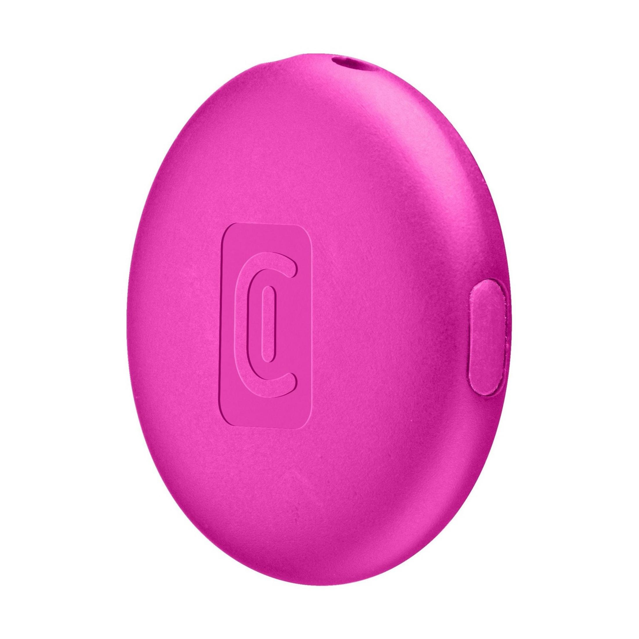 Ein pinker ovaler Gegenstand mit einem eingeprägten Logo und einer
Aussparung.