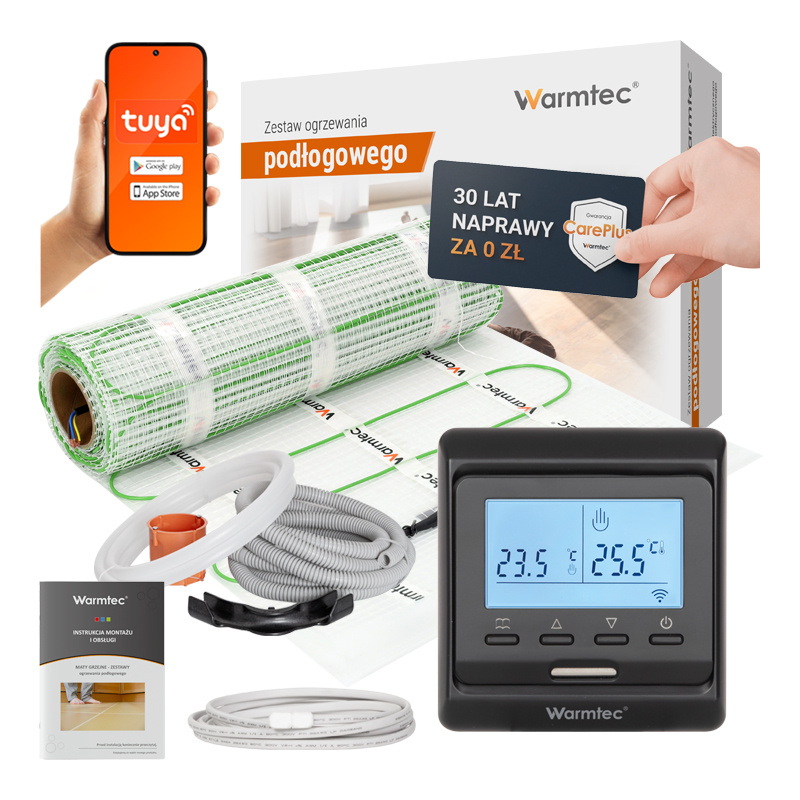 Zestaw ogrzewania podłogowego Warmtec z termostatem, matą i instrukcją.