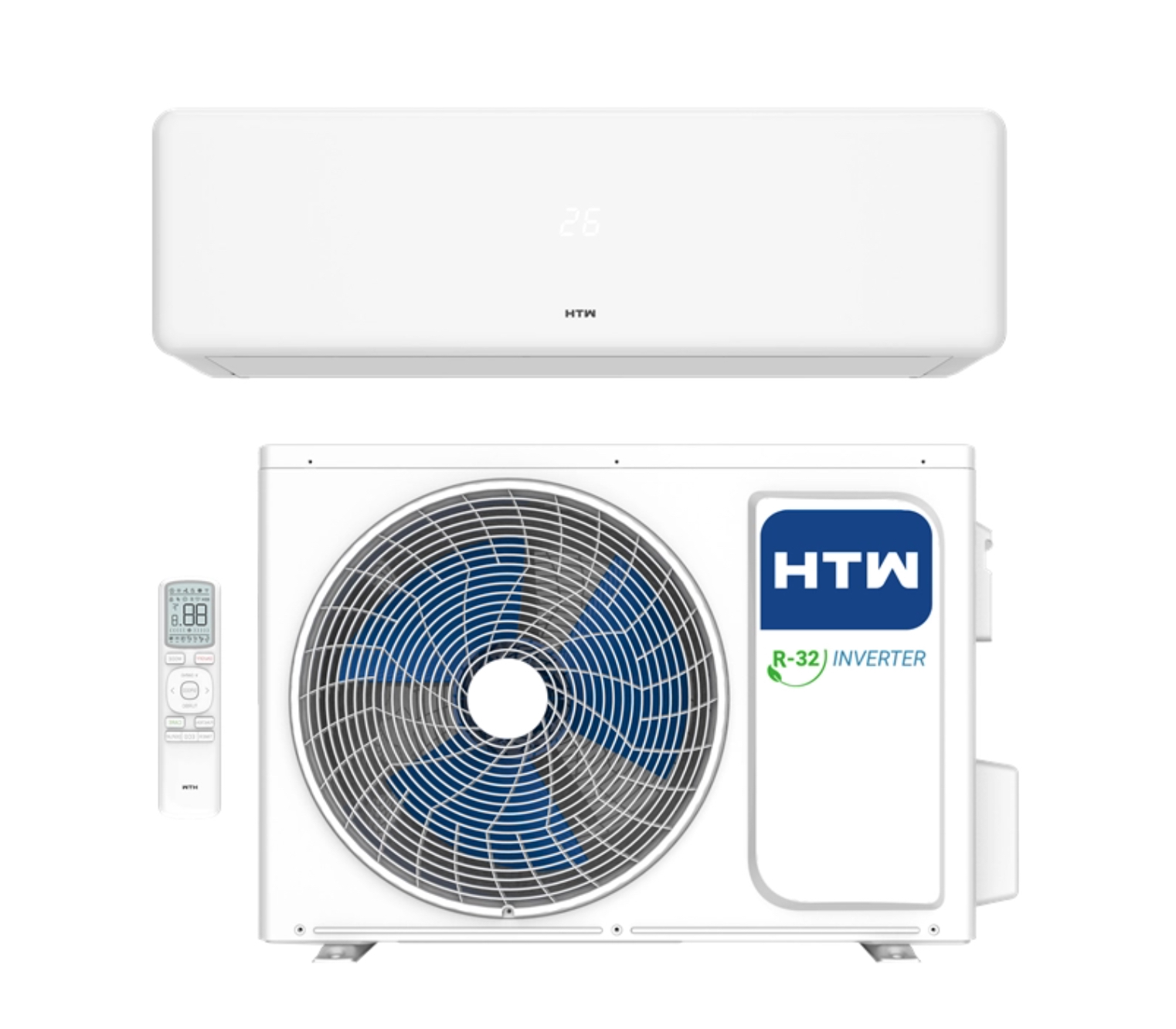 Unidad interior de aire acondicionado HTW blanca, unidad exterior con ventilador azul y mando.
