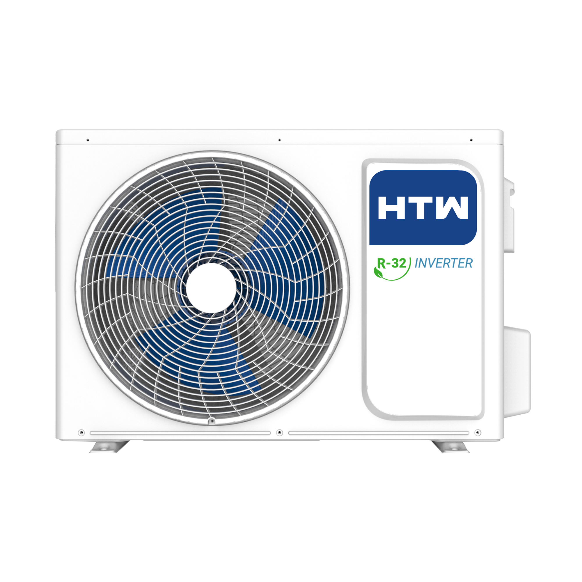Unidad de aire acondicionado blanca con ventilador azul y logo HTW.