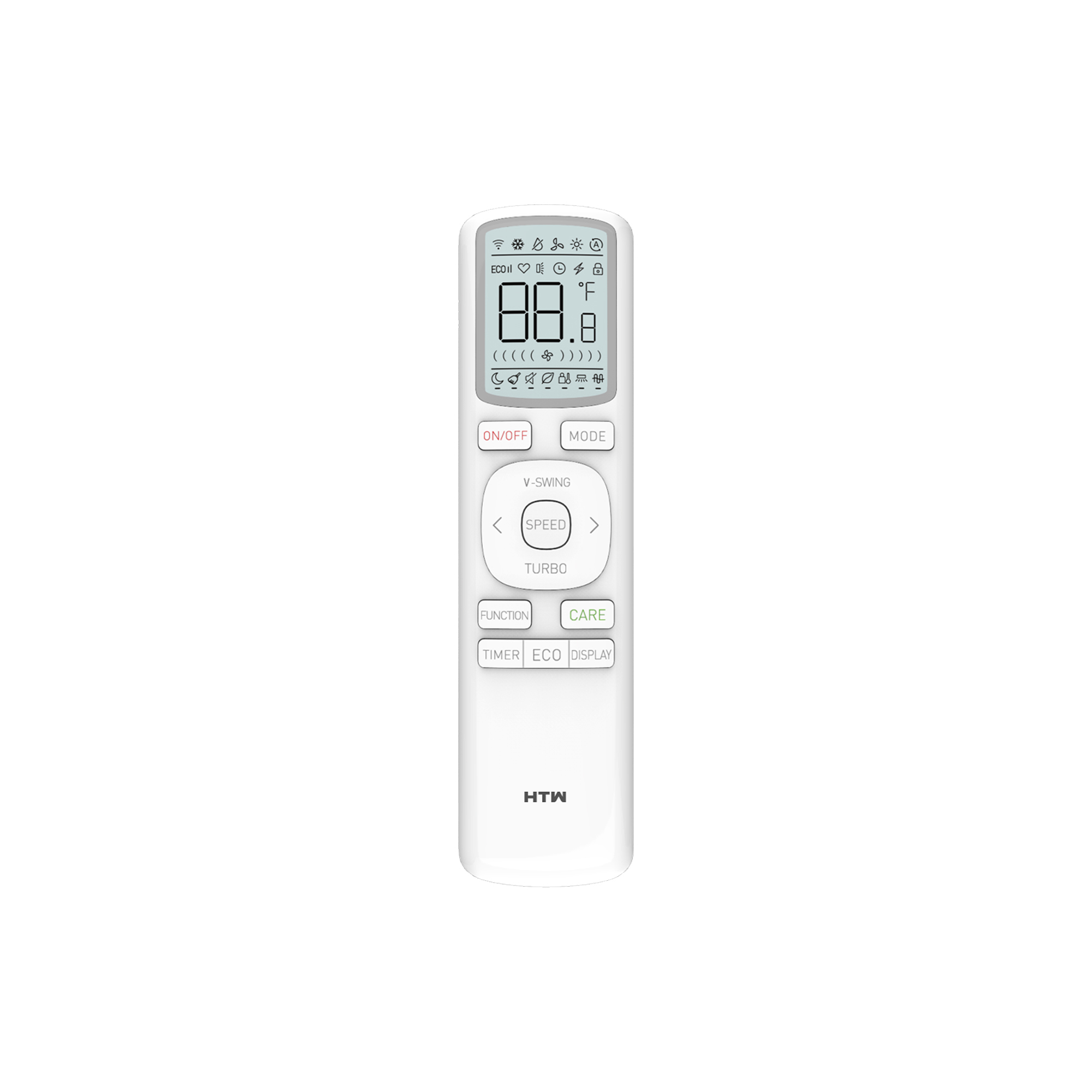 Un control remoto blanco de aire acondicionado con pantalla digital y botones.