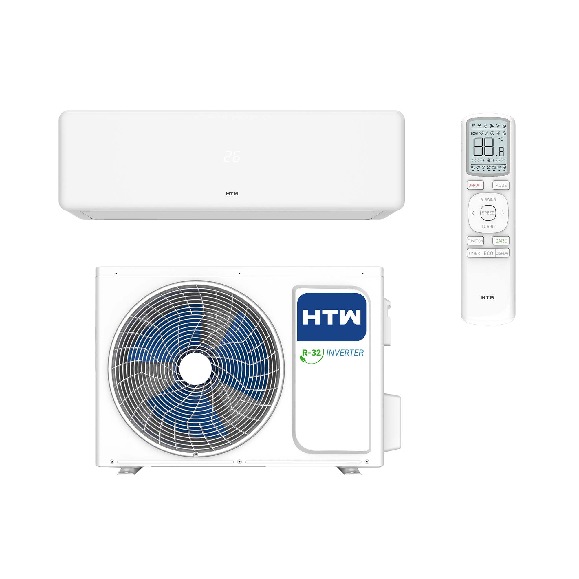 Una unidad interior, exterior y control remoto de aire acondicionado blanco.