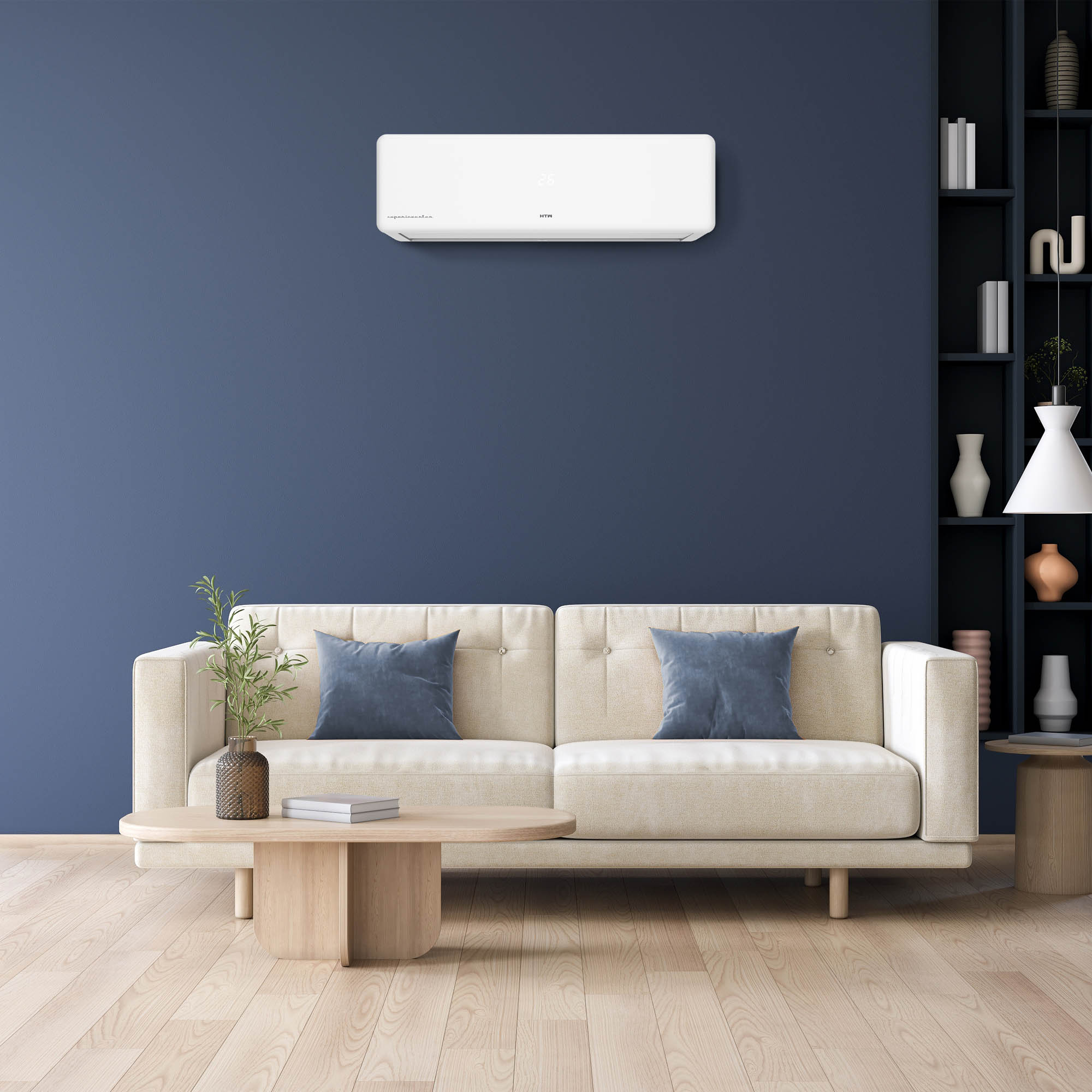 Una sala de estar moderna con un aire acondicionado blanco sobre un sofá color crema.