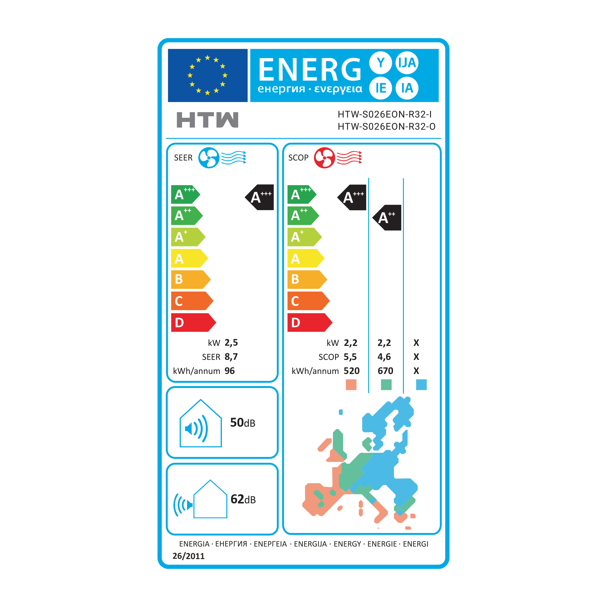 Etiqueta de eficiencia energética AC: SEER A+++, SCOP A++. Ruido 50dB/62dB.