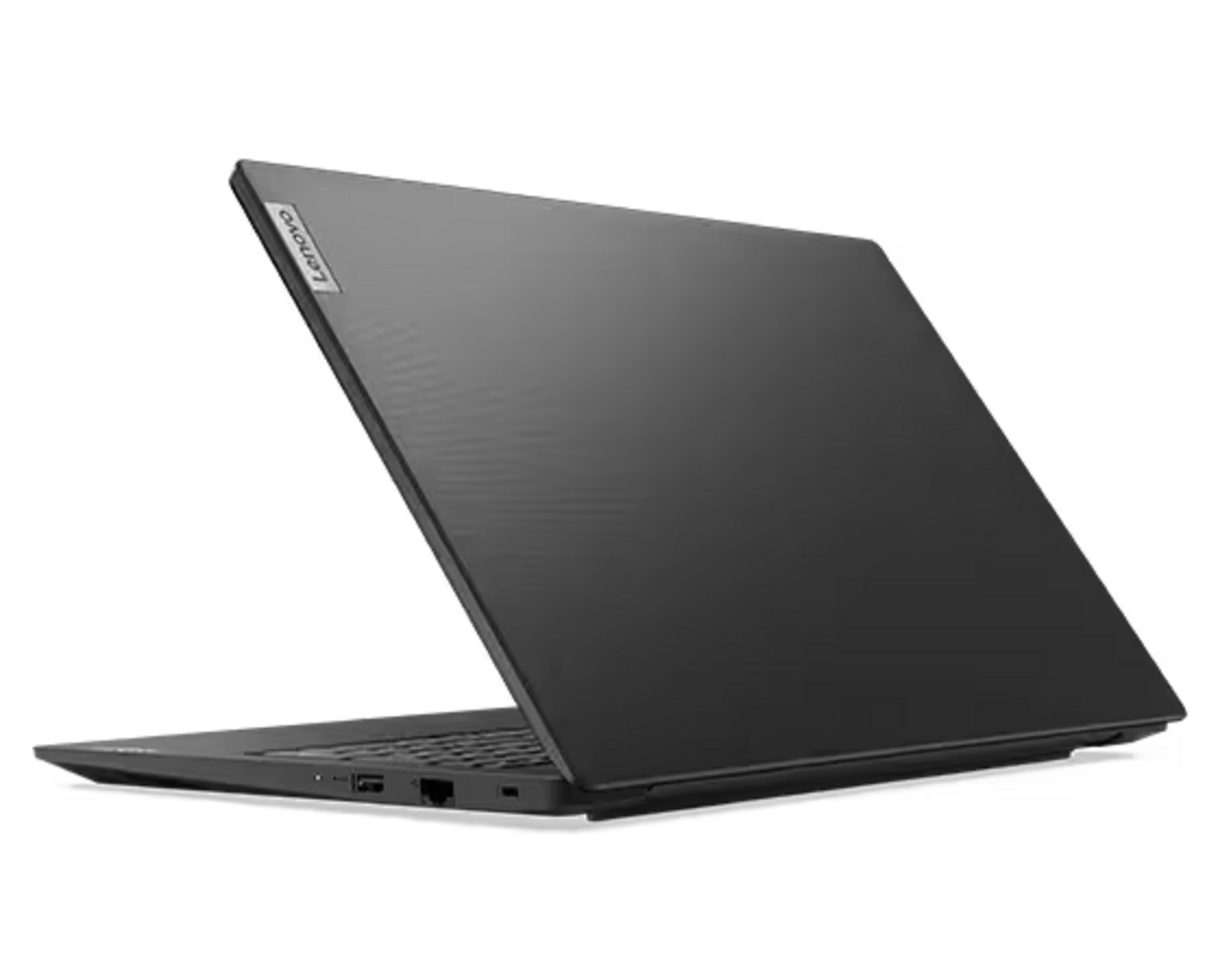 Un portátil Lenovo negro visto de lado, con la pantalla abierta, sobre fondo blanco.