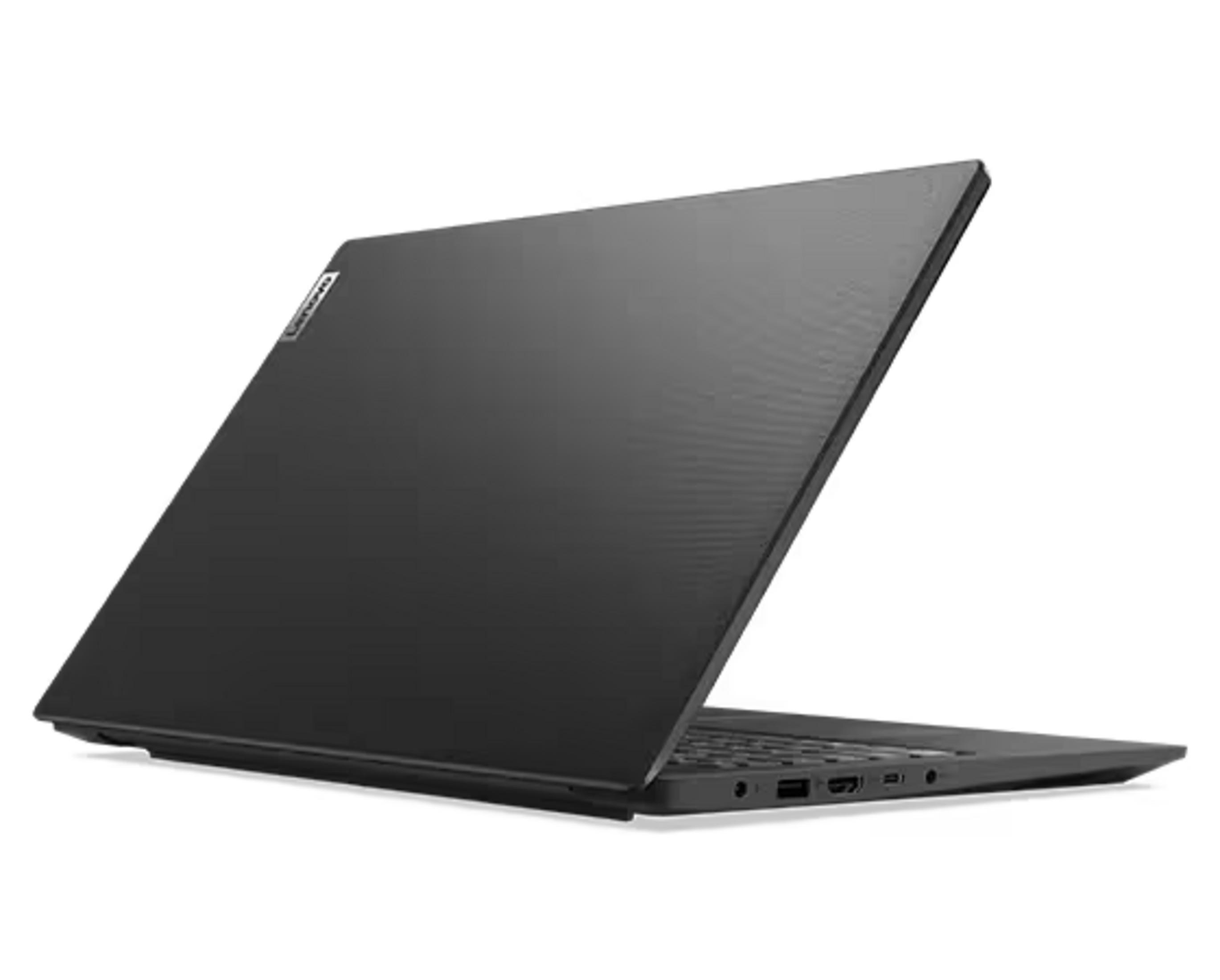 Un portátil Lenovo cerrado y oscuro sobre fondo blanco.