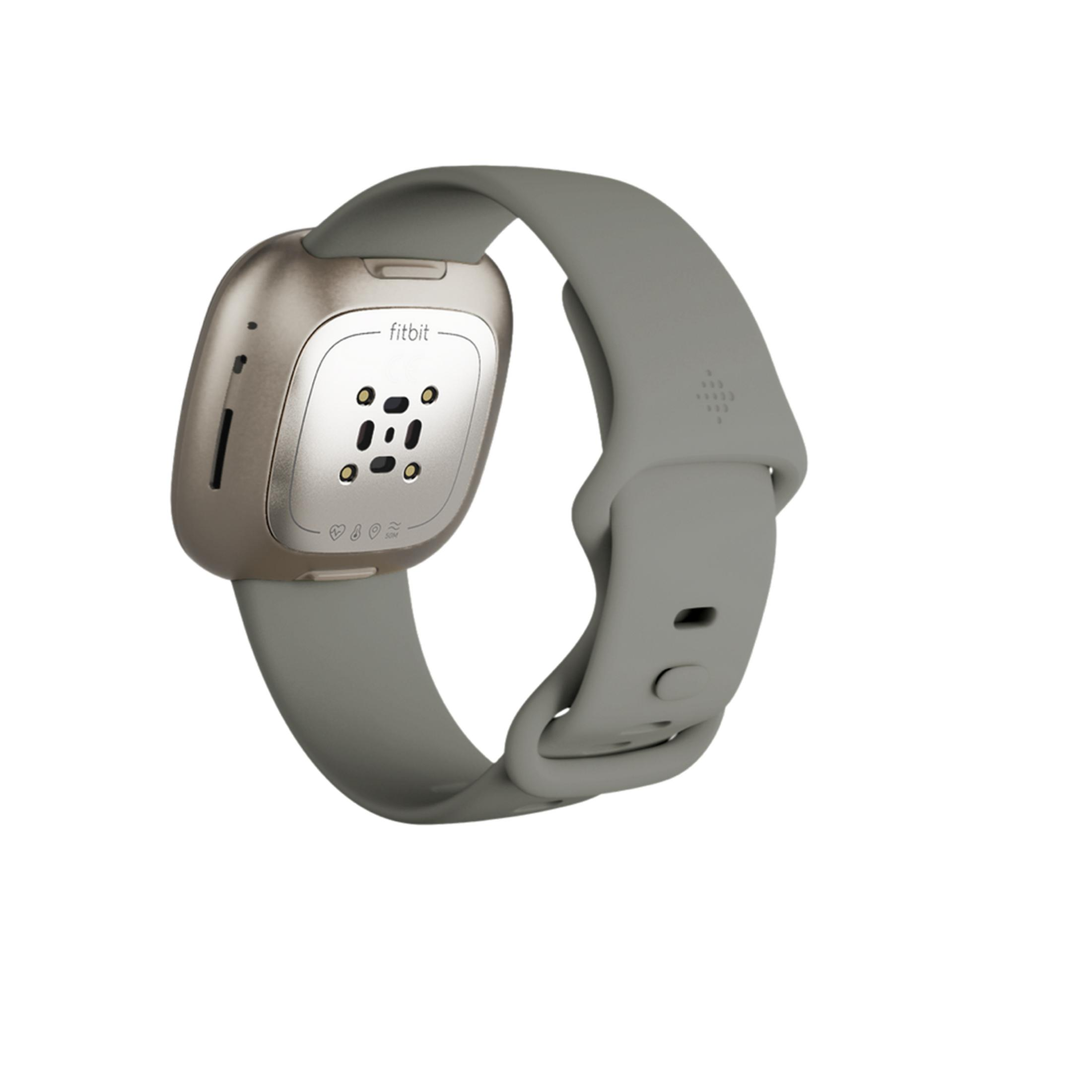 Retro di uno smartwatch Fitbit grigio con cassa argentata e contatti di ricarica.