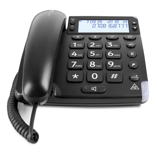 Black corded telephone with a display and keypad. Shows 0708168777.