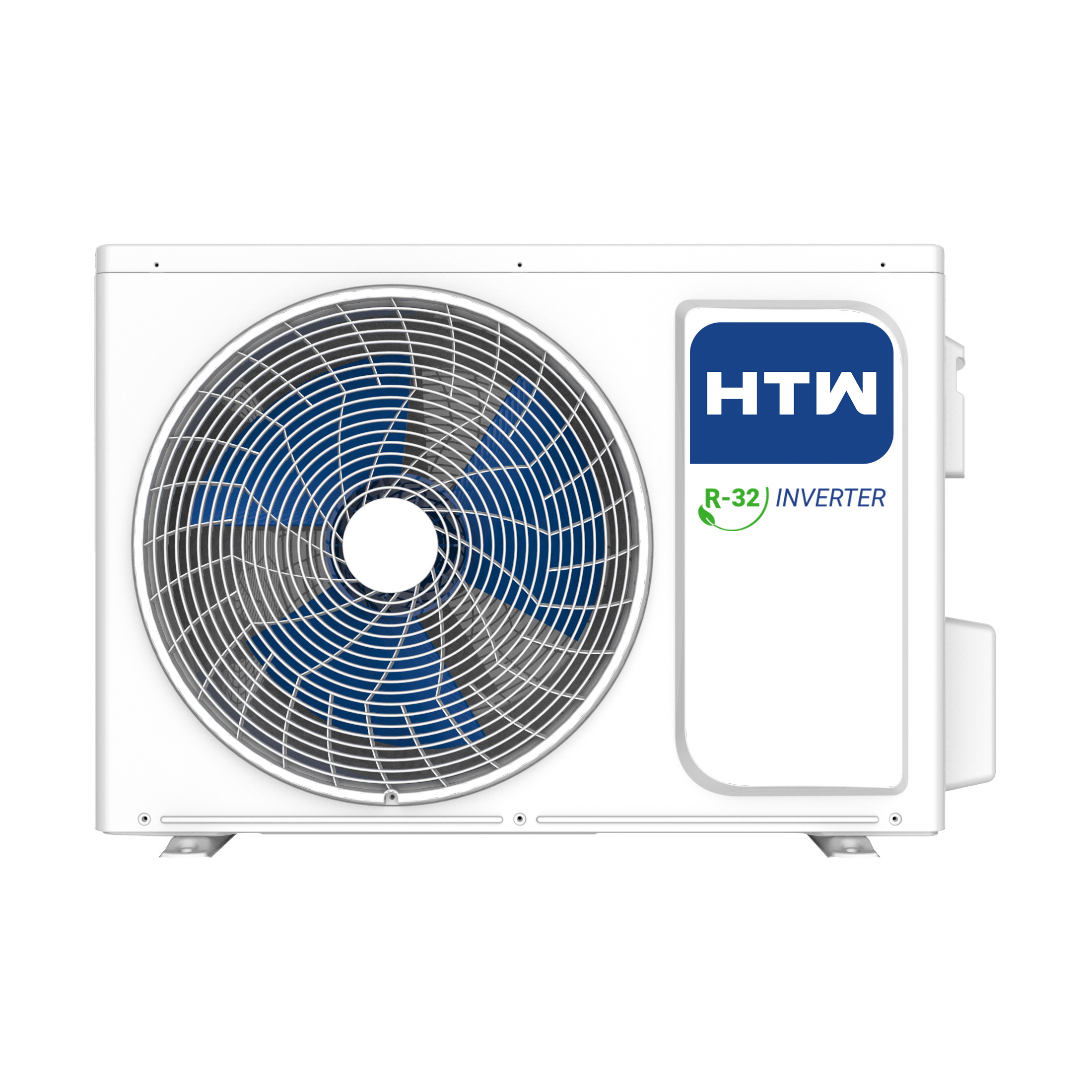 Unidad exterior de aire acondicionado con ventilador azul, logo HTW y etiqueta R-32 INVERTER.