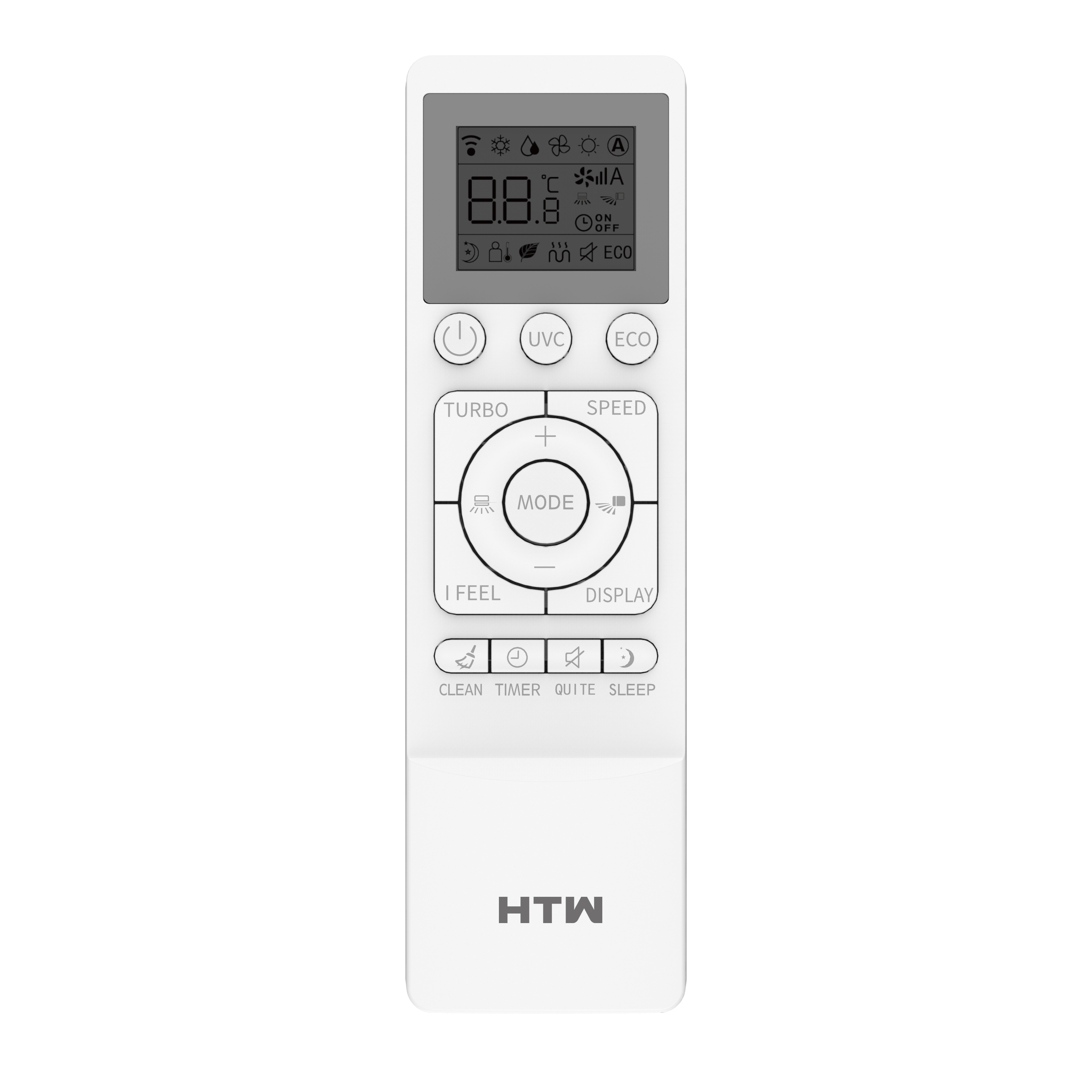 Mando a distancia blanco con pantalla LCD que muestra iconos de Wi-Fi, copo de nieve, gota, ventilador, sol y A.