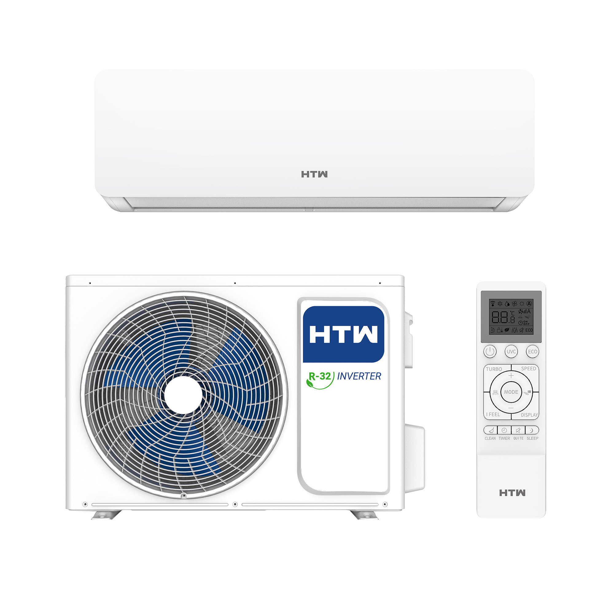 Un aire acondicionado blanco HTW con unidad interior, unidad exterior y mando.