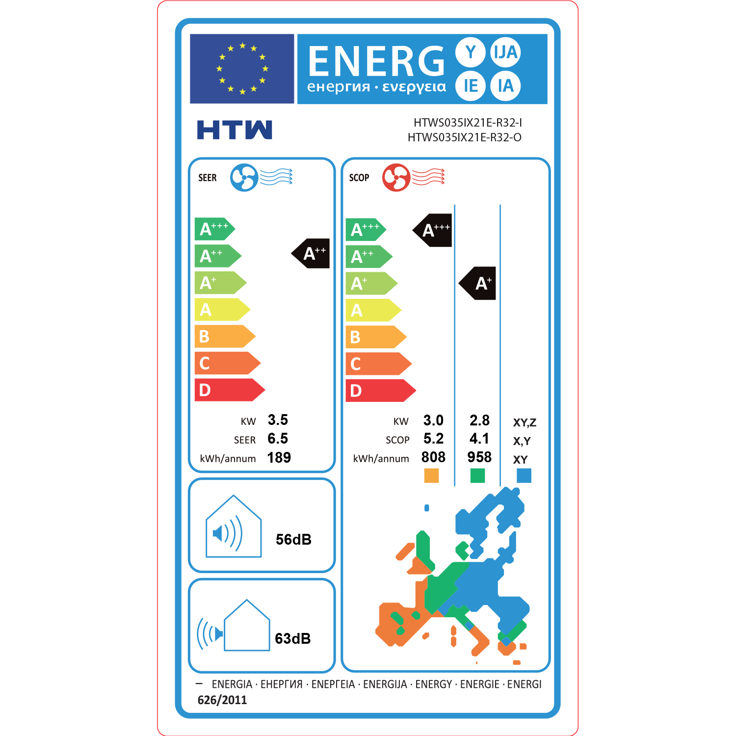 Etiqueta energética con clases de eficiencia A+++ a D, niveles de ruido 56/63dB.