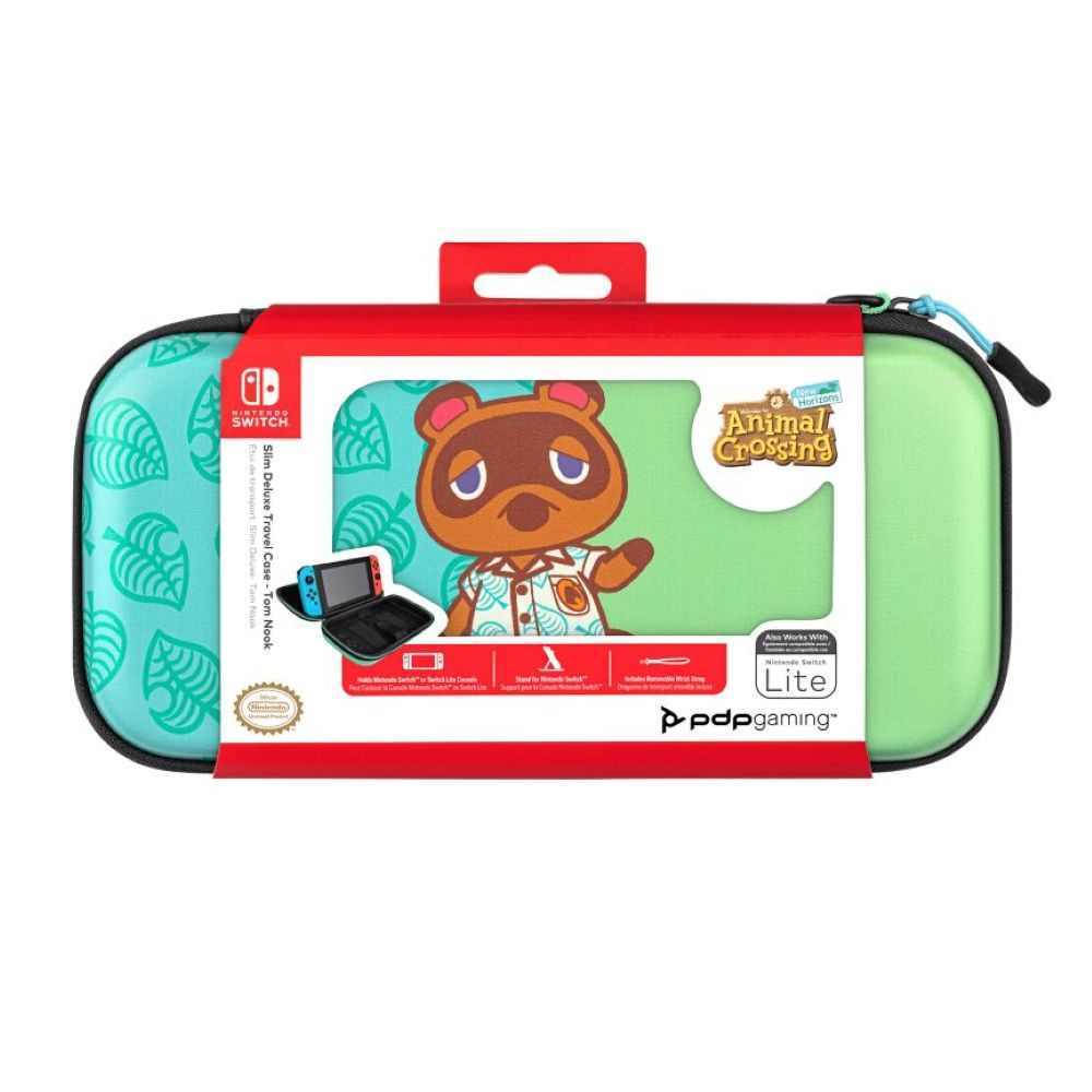 Etui podróżne Nintendo Switch z motywem Toma Nooka i Animal Crossing. Zielone i turkusowe.