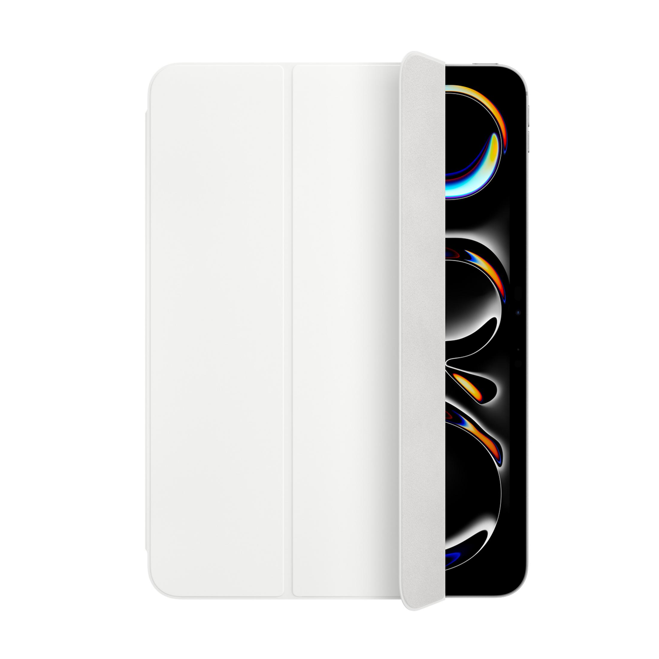 Ein weißes Tablet mit offenem Cover, das einen Teil des Bildschirms mit abstrakter Grafik zeigt.