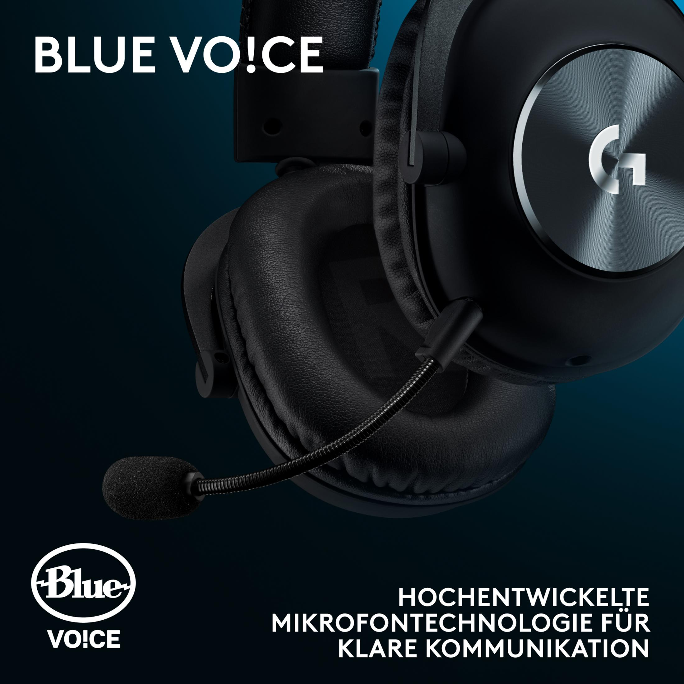 Zwarte koptelefoon met microfoon en Logitech G-logo.